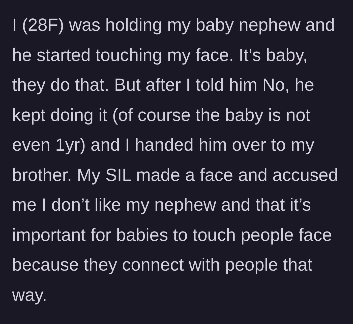 Story part 1 - Aunt holding her baby nephew, who reaches for her face, leading her to gently hand him back to his mother, who glares in disapproval.