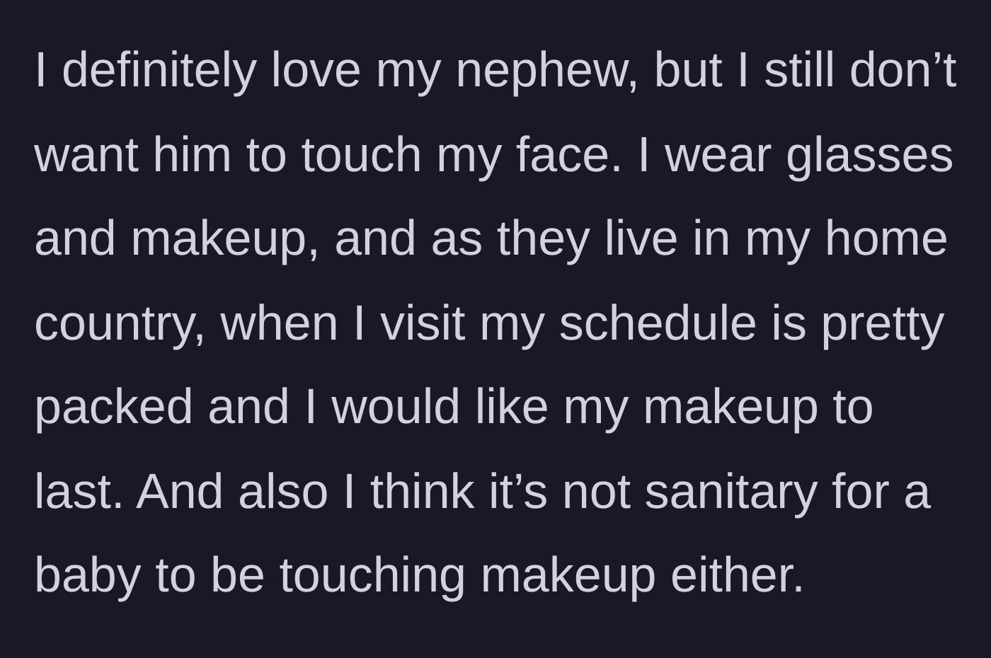 Story part 2 - A woman wearing glasses and full makeup looking stressed about her busy travel schedule and a baby's messy hands.