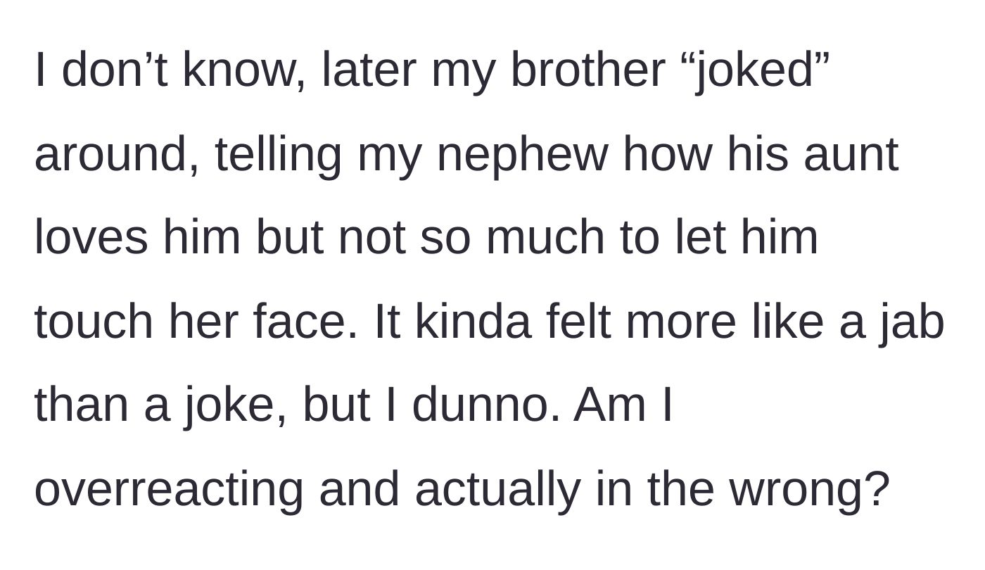 Story part 3 - A brother holding a baby, making a passive-aggressive, smirking joke to the aunt who looks hurt.