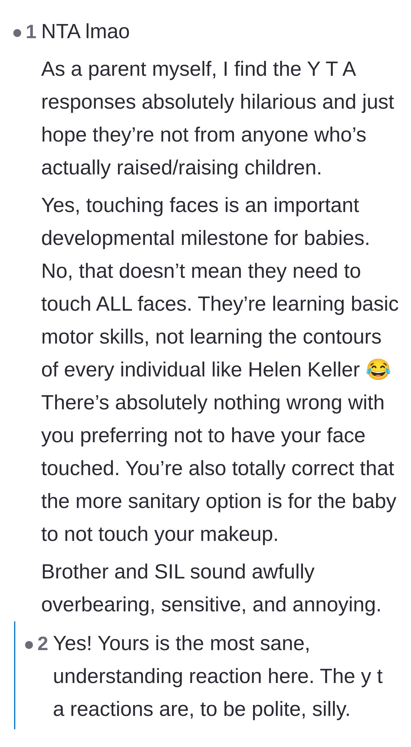 Comment thread 1 - Readers defending the aunt's boundaries by sharing stories of babies aggressively grabbing glasses and earrings.