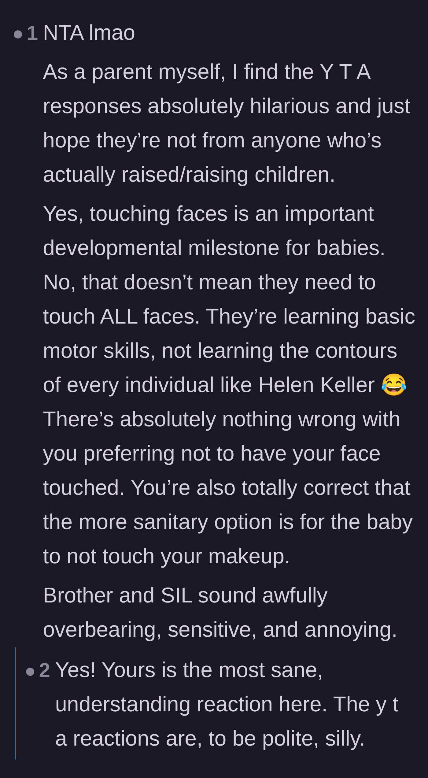 Comment thread 1 - Readers defending the aunt's boundaries by sharing stories of babies aggressively grabbing glasses and earrings.