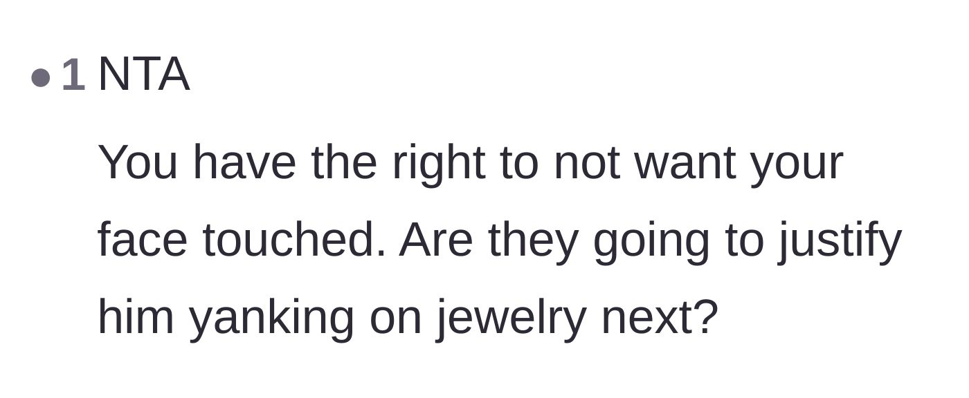 Comment thread 4 - A short comment asking if the parents would also justify the baby yanking on jewelry.