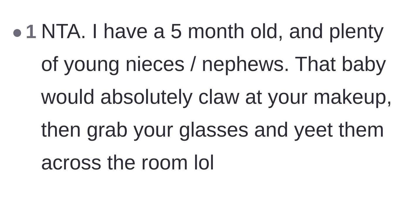 Comment thread 5 - A parent warning that the baby would absolutely ruin the aunt's makeup and throw her glasses.