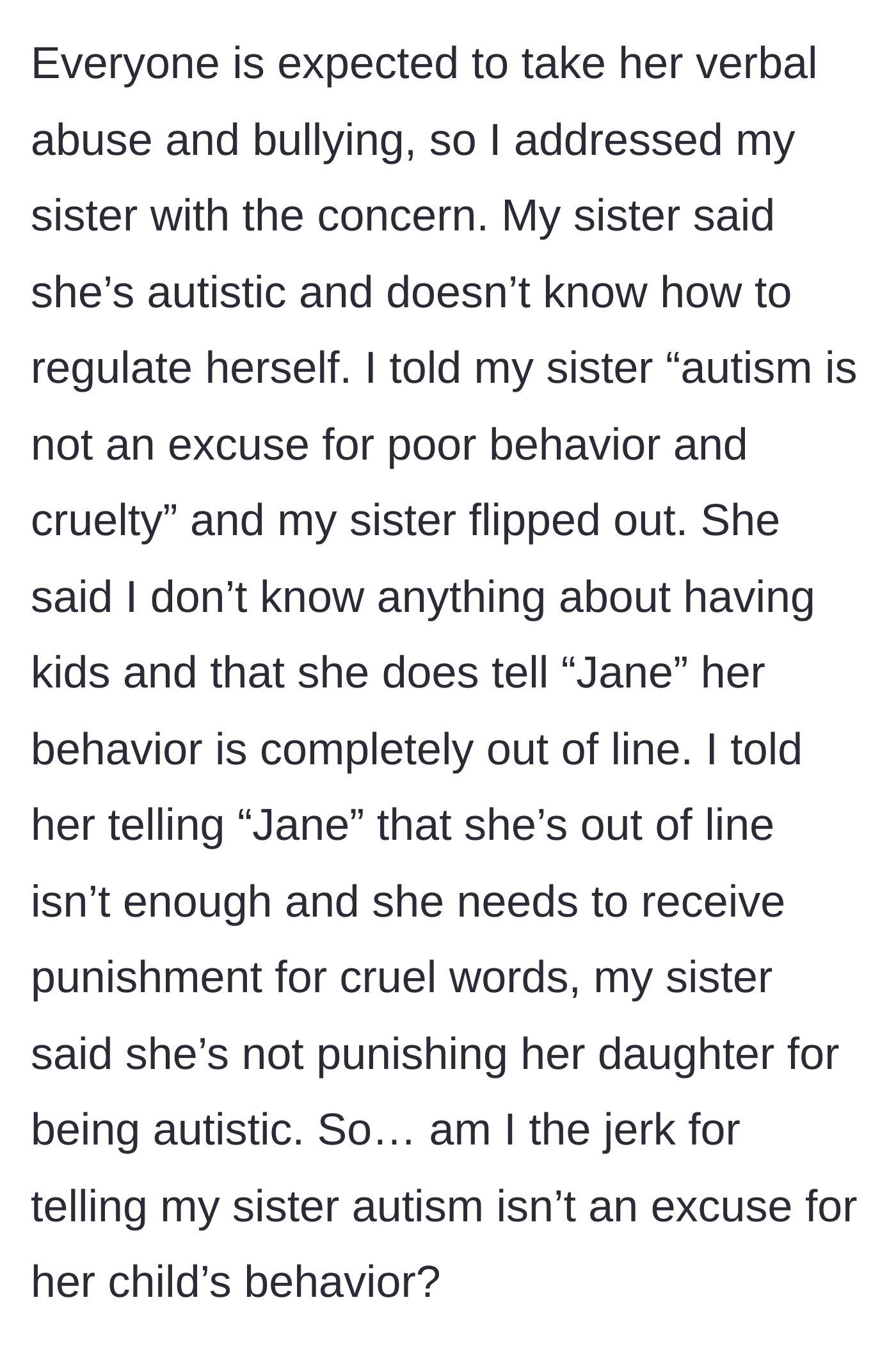 Story part 5 - The aunt confronting the mother about the behavior, resulting in an explosive defensive argument.