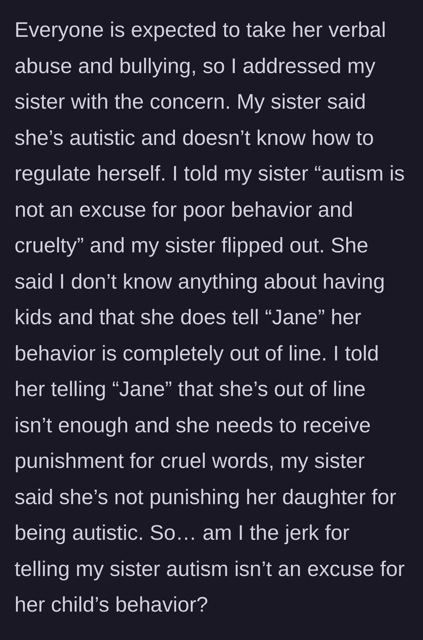 Story part 5 - The aunt confronting the mother about the behavior, resulting in an explosive defensive argument.