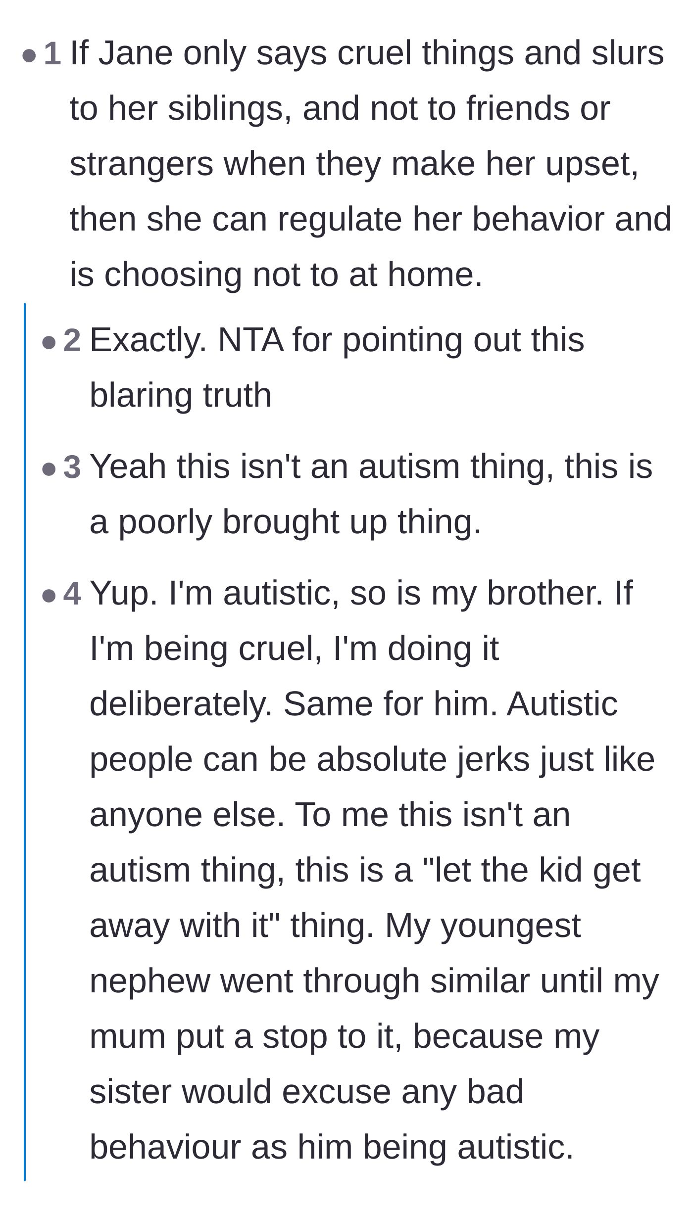 Comment thread 2 - Debate about the niece admitting she only speaks cruelly to family members, proving she can control her behavior.