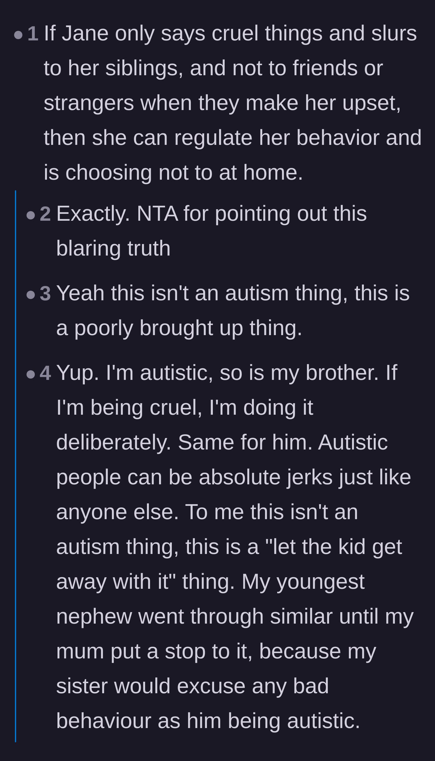 Comment thread 2 - Debate about the niece admitting she only speaks cruelly to family members, proving she can control her behavior.