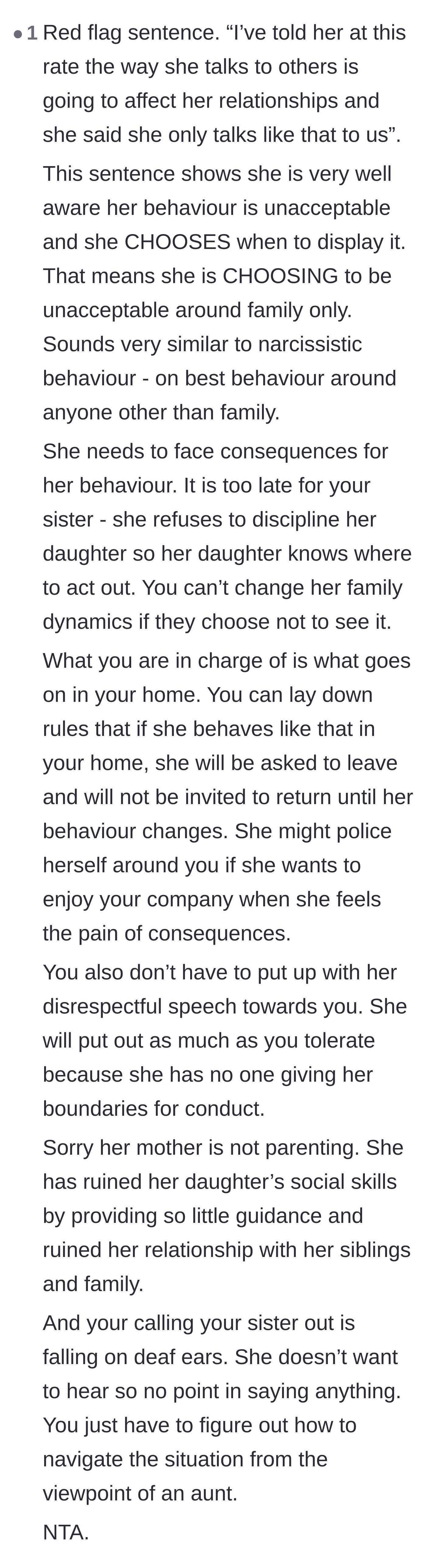Comment thread 4 - Advice for the aunt to maintain firm boundaries at her house since the mother refuses to parent.