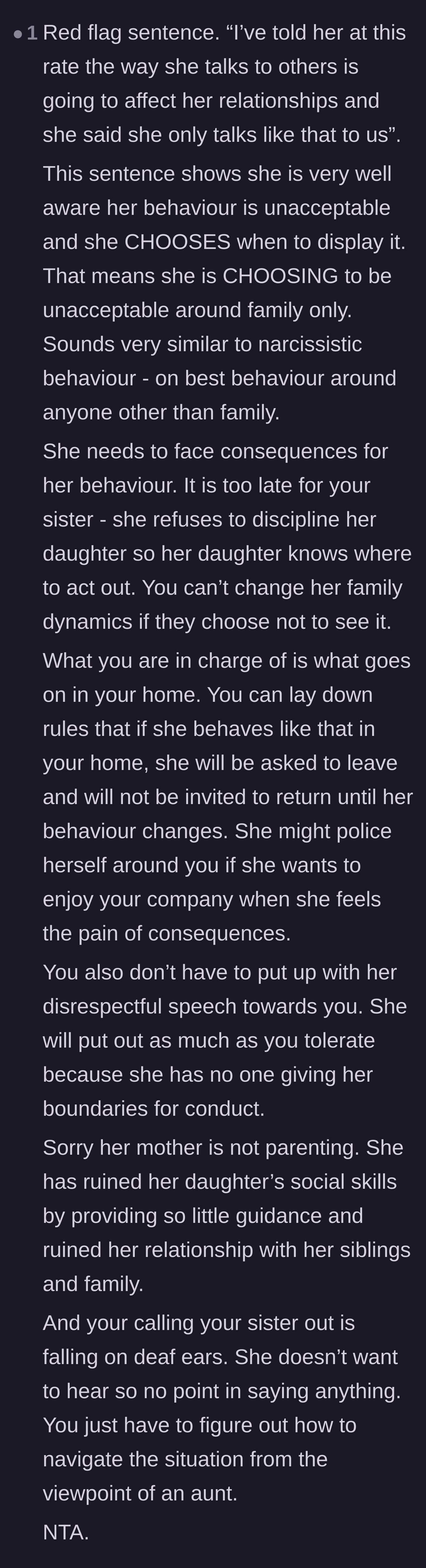 Comment thread 4 - Advice for the aunt to maintain firm boundaries at her house since the mother refuses to parent.