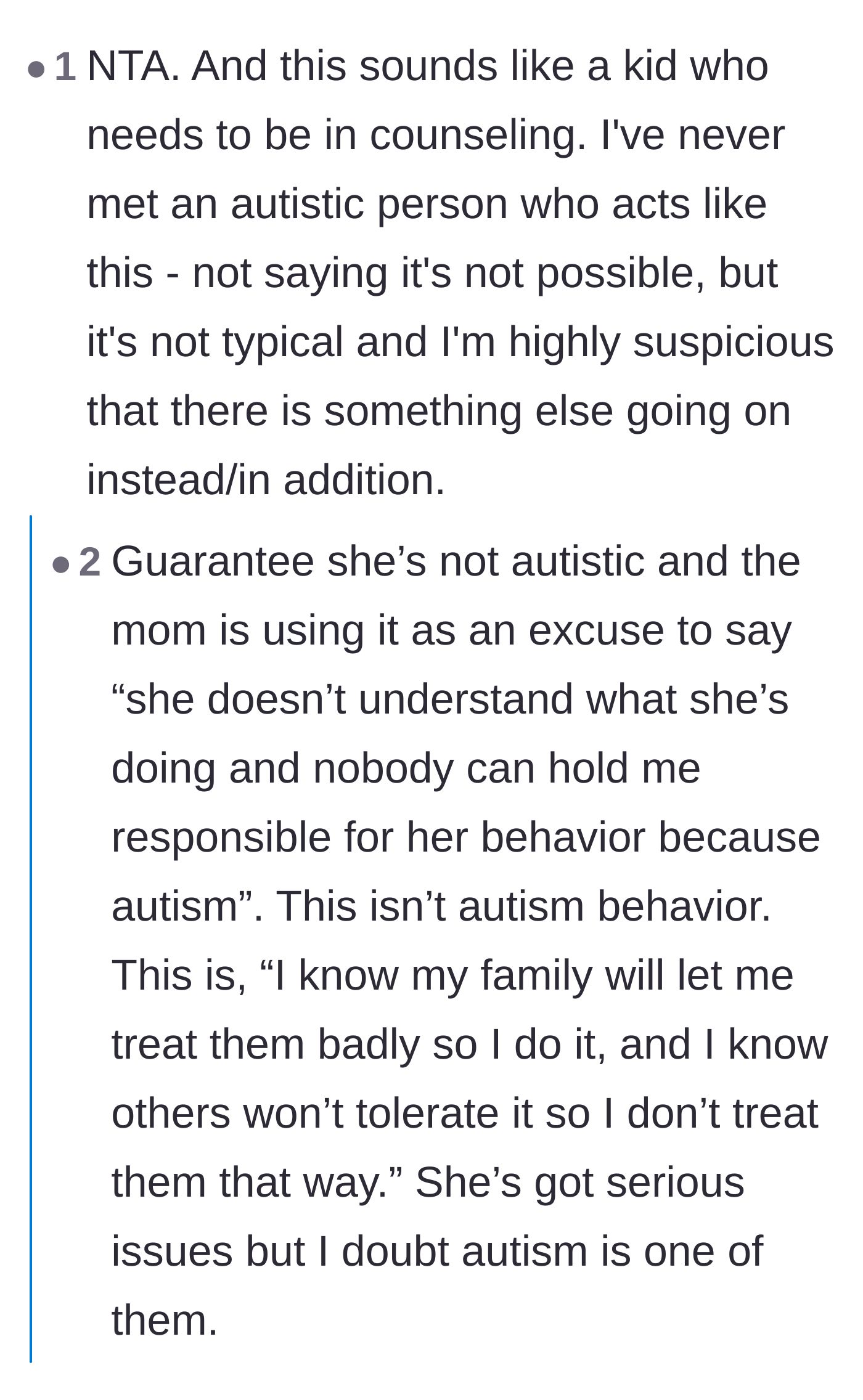 Comment thread 5 - Discussion questioning if the niece's behavior is actually tied to autism or just severe entitlement.