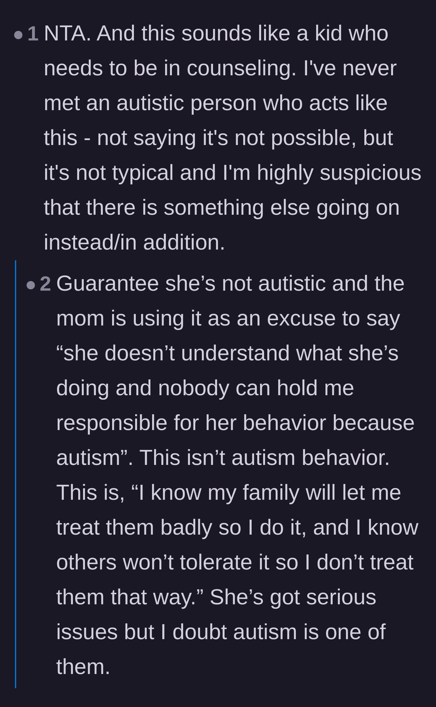 Comment thread 5 - Discussion questioning if the niece's behavior is actually tied to autism or just severe entitlement.