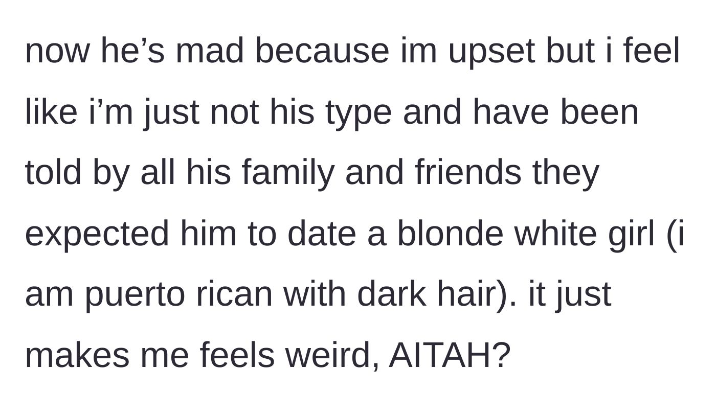 Story part 5 - The girlfriend reveals the disturbing context that his family expected him to date a blonde white girl, leaving her feeling deeply unsettled.