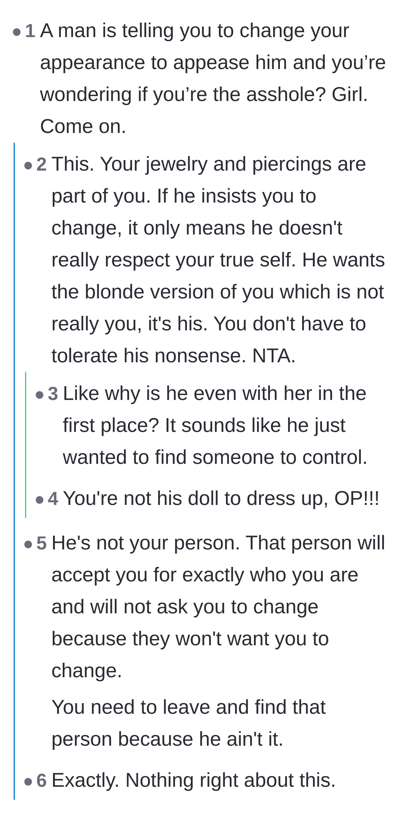 Comment thread discussing how the boyfriend's demands are entirely about control, not love, and urging the girlfriend to leave.