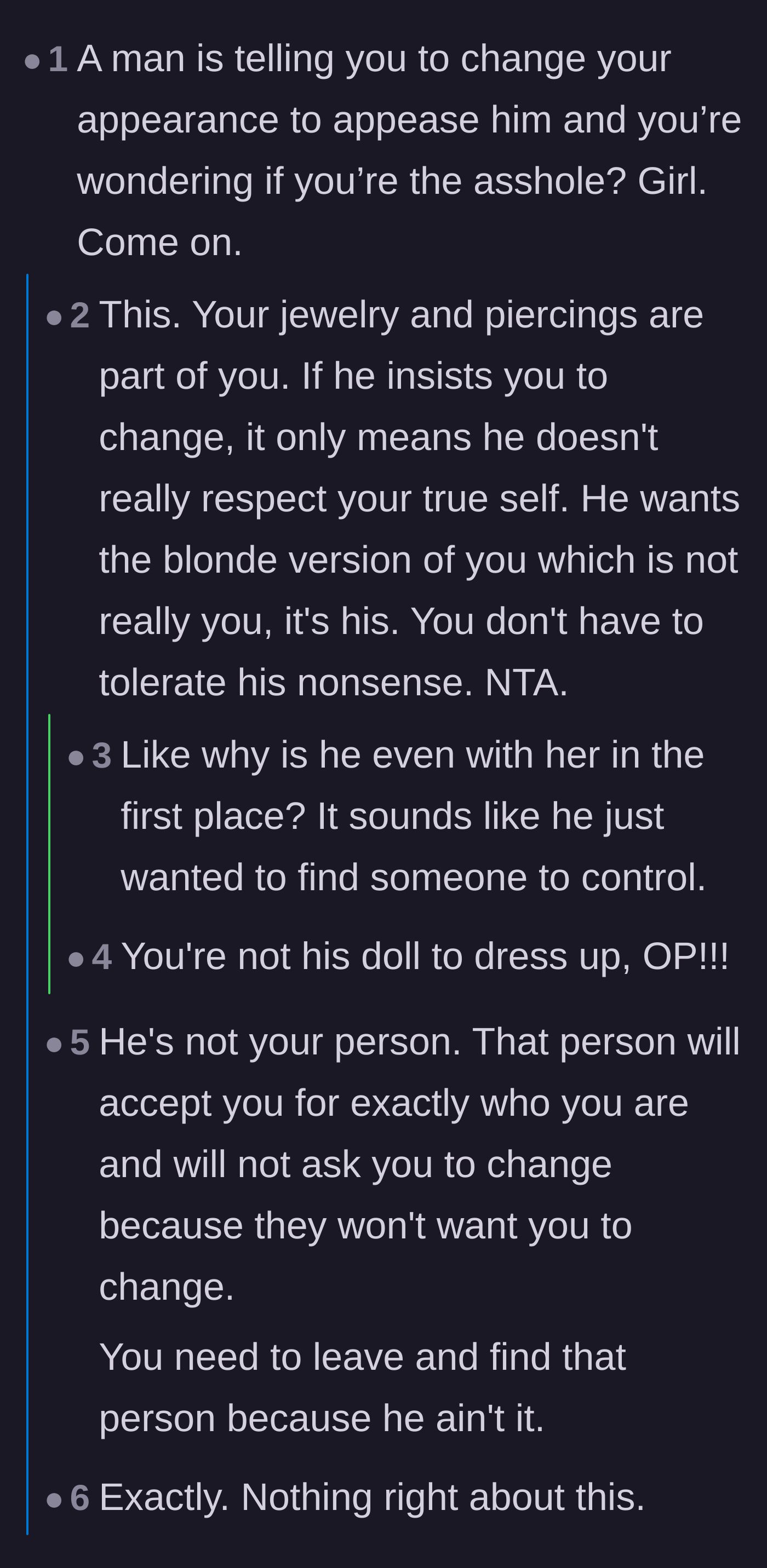 Comment thread discussing how the boyfriend's demands are entirely about control, not love, and urging the girlfriend to leave.