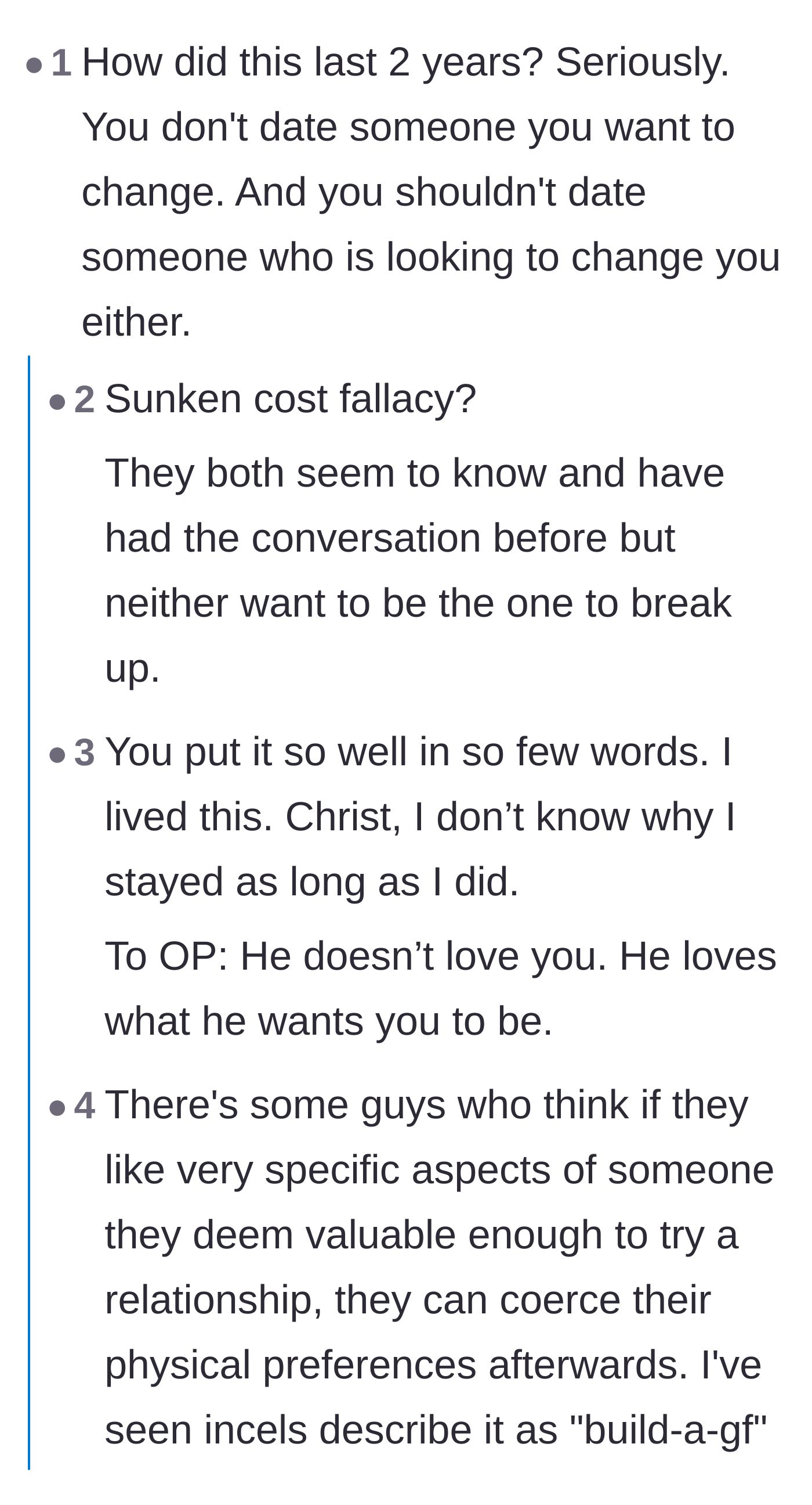 Comment thread debating how the relationship lasted two years and deeply analyzing the sunken cost fallacy.