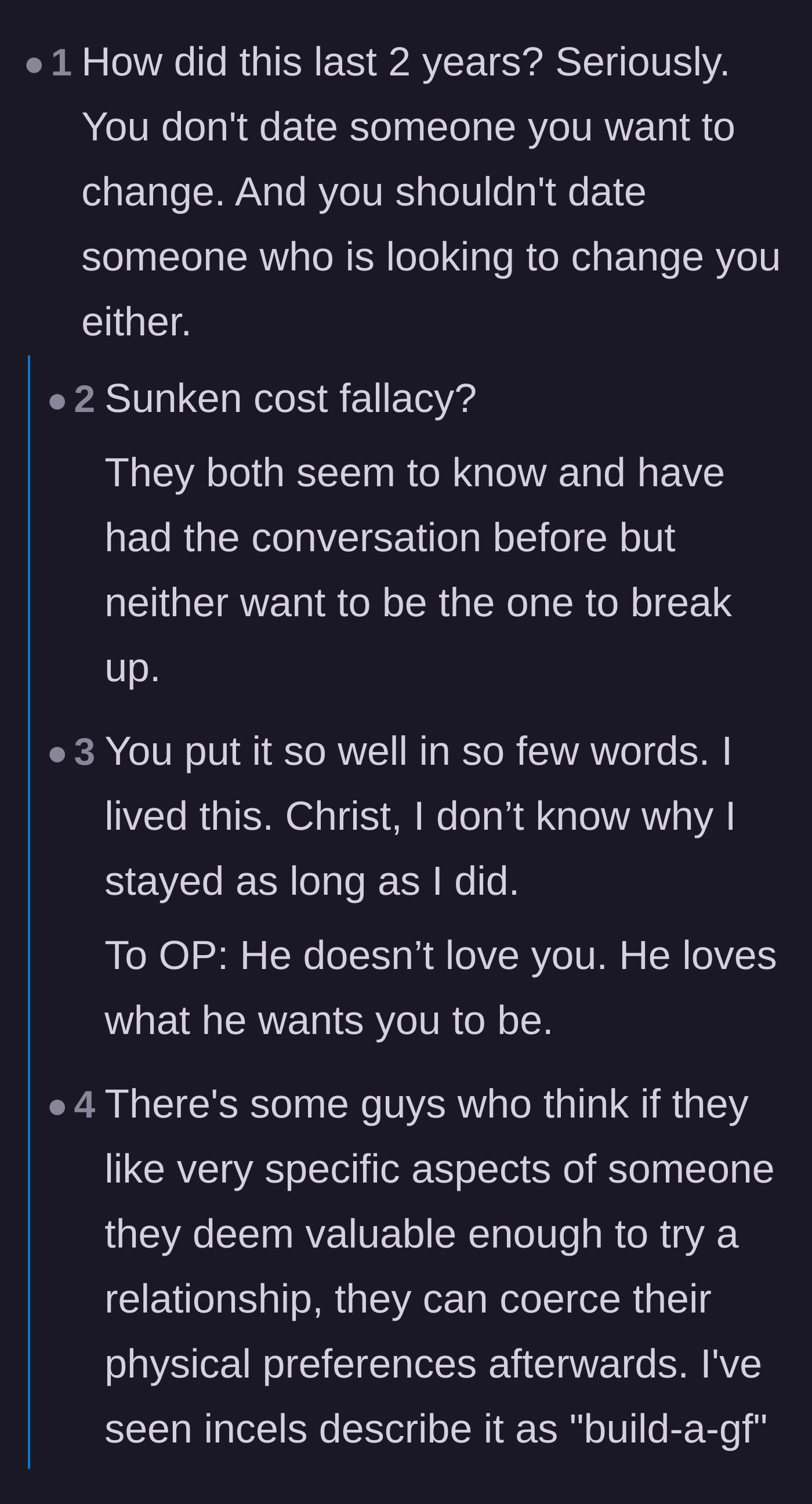 Comment thread debating how the relationship lasted two years and deeply analyzing the sunken cost fallacy.