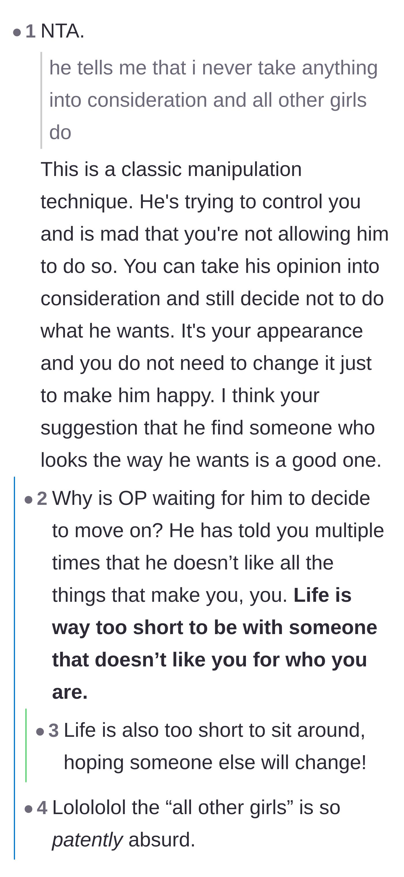 Comment thread calling out the boyfriend's use of the phrase 'all other girls' as a classic and pathetic manipulation tactic.