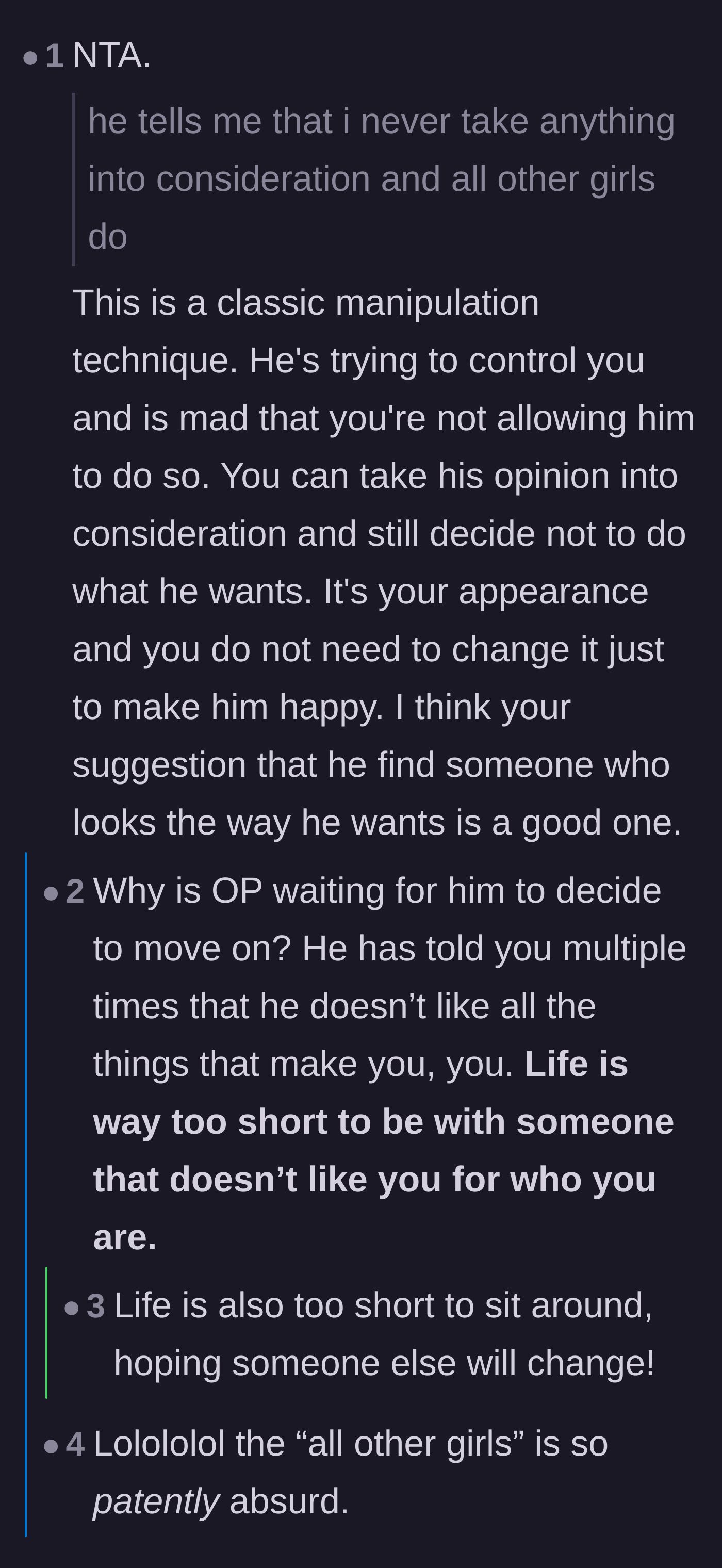 Comment thread calling out the boyfriend's use of the phrase 'all other girls' as a classic and pathetic manipulation tactic.