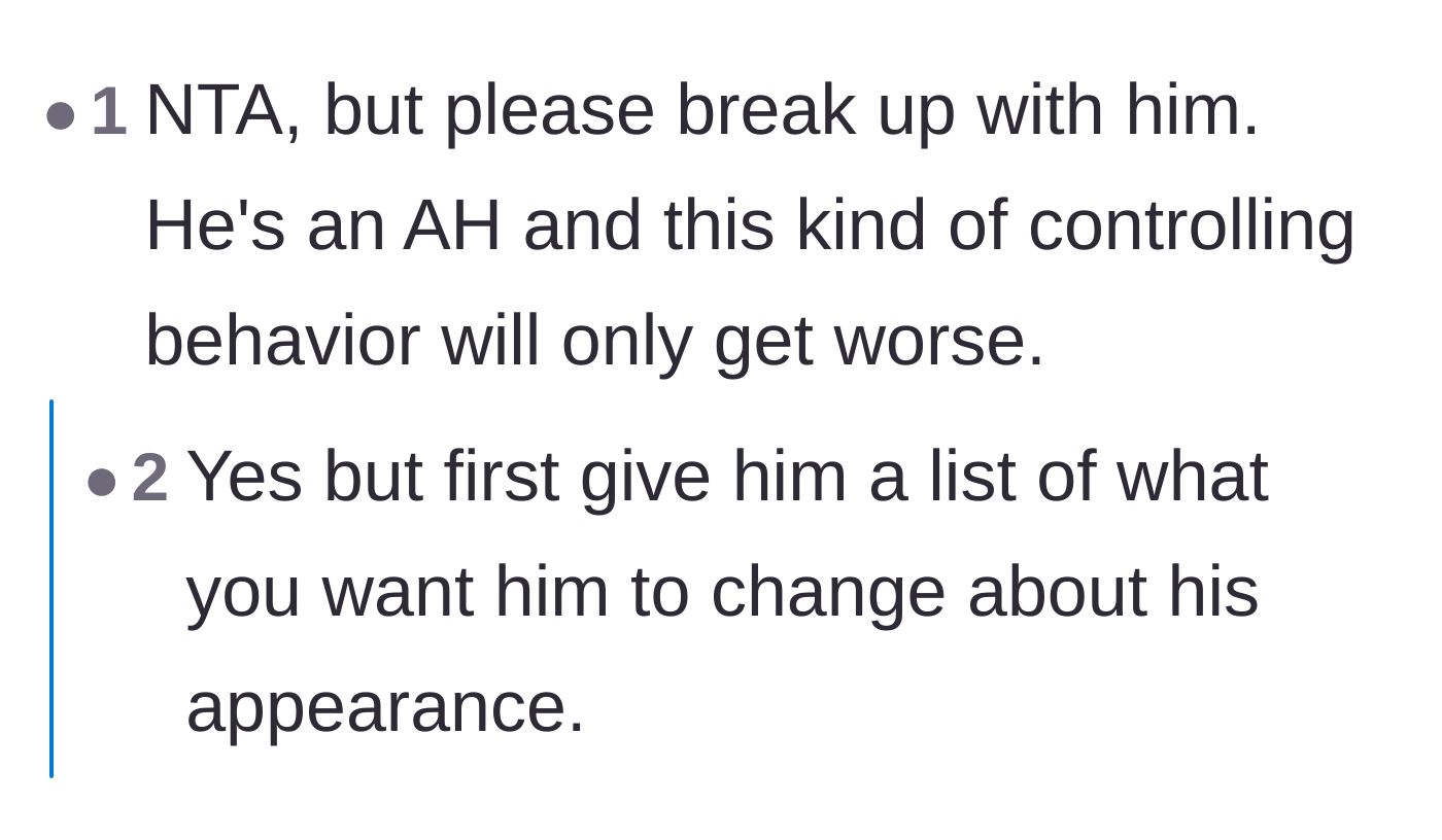 Comment thread jokingly suggesting the girlfriend should give the boyfriend a list of things he needs to change about himself first.
