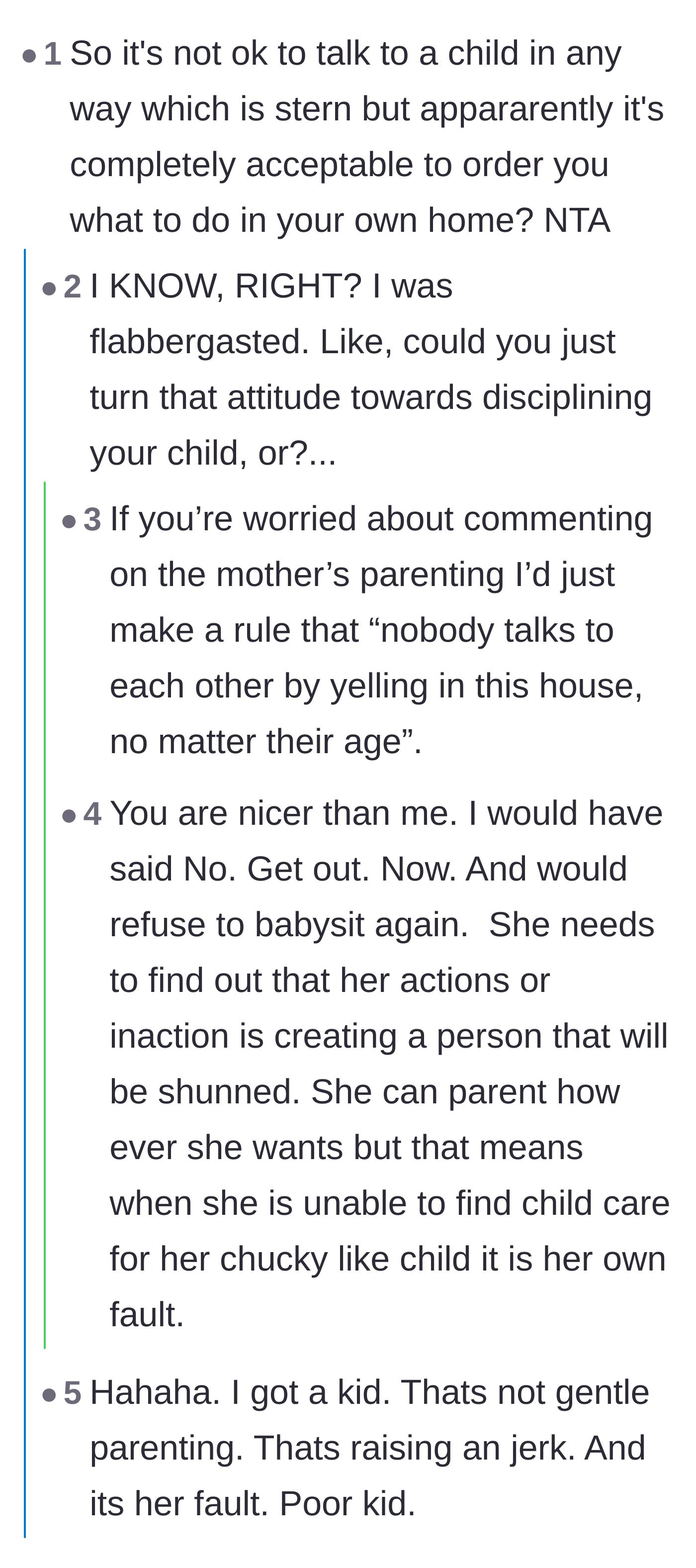 Comment thread 1 - Readers point out the mother's hypocrisy in barking orders at the babysitter while refusing to speak sternly to her own child.
