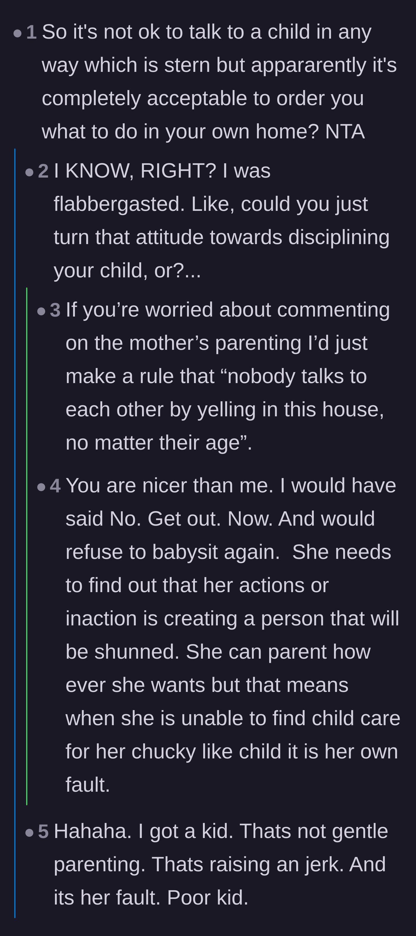Comment thread 1 - Readers point out the mother's hypocrisy in barking orders at the babysitter while refusing to speak sternly to her own child.