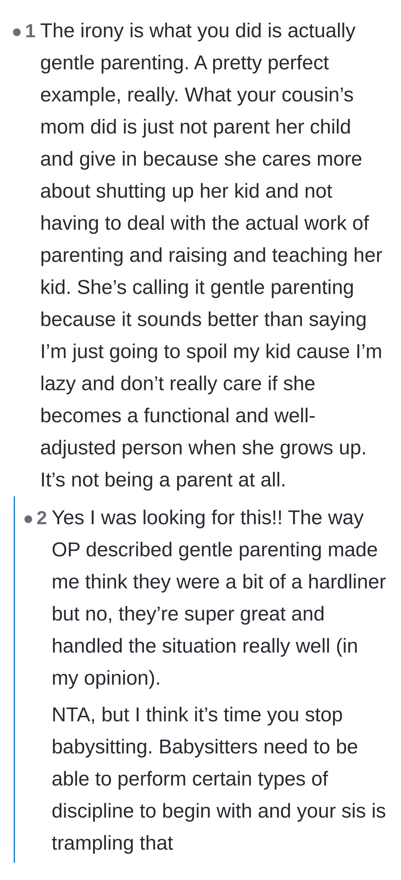 Comment thread 2 - A discussion clarifying that the babysitter was actually the one practicing true gentle parenting, while the mother is just being lazy.
