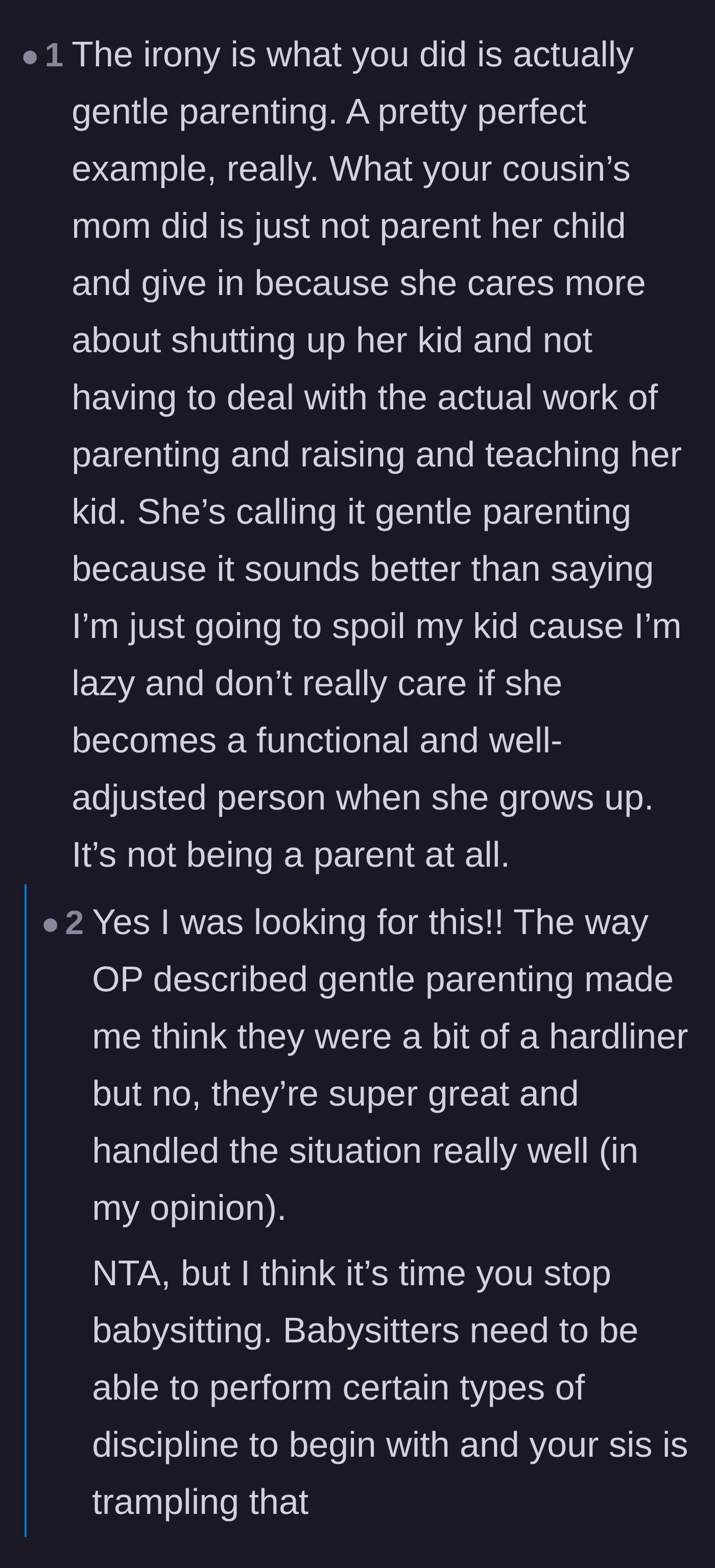 Comment thread 2 - A discussion clarifying that the babysitter was actually the one practicing true gentle parenting, while the mother is just being lazy.
