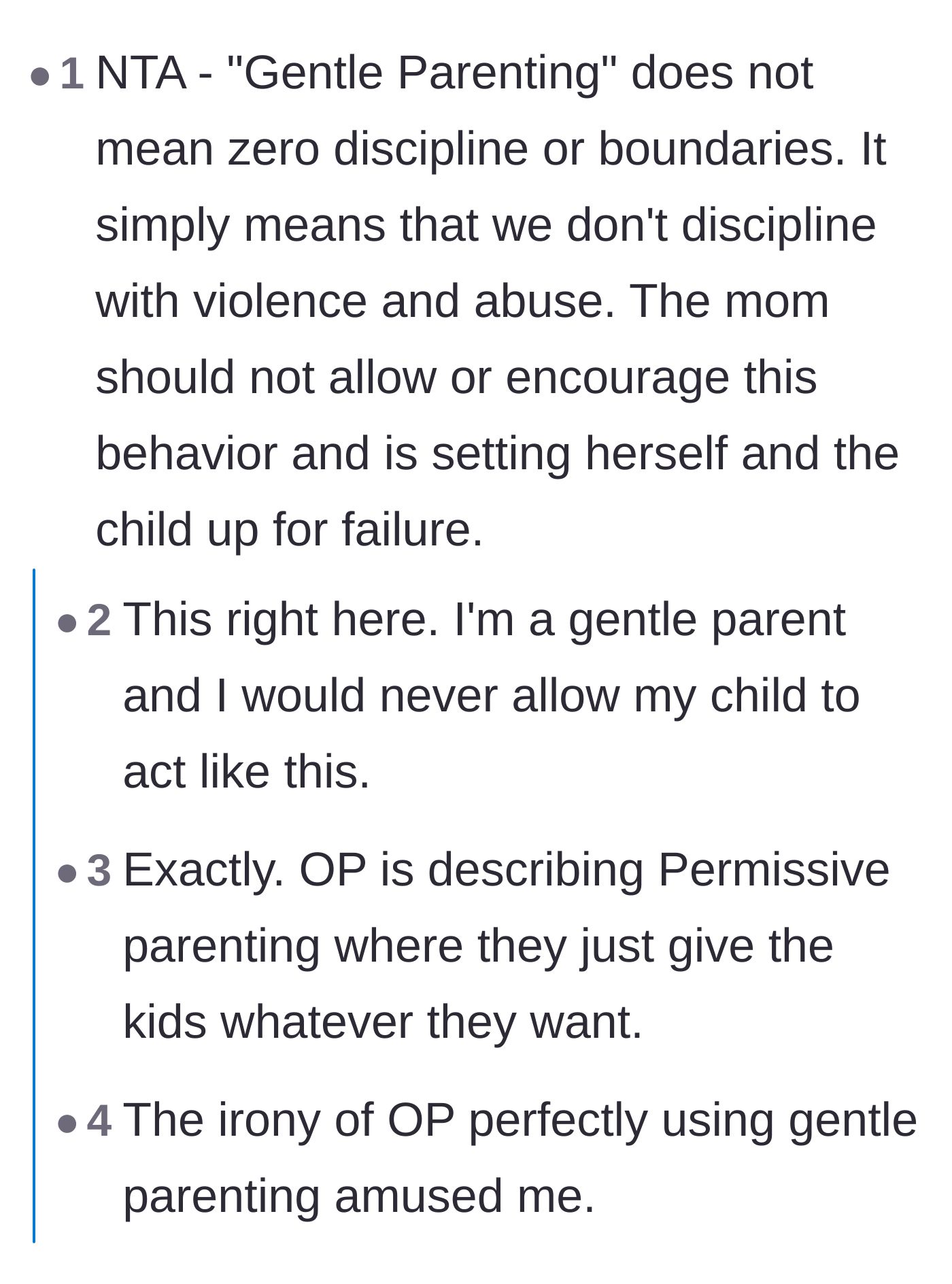 Comment thread 3 - Commenters agree that the mother's lack of discipline is actually permissive parenting, which sets the child up to fail.