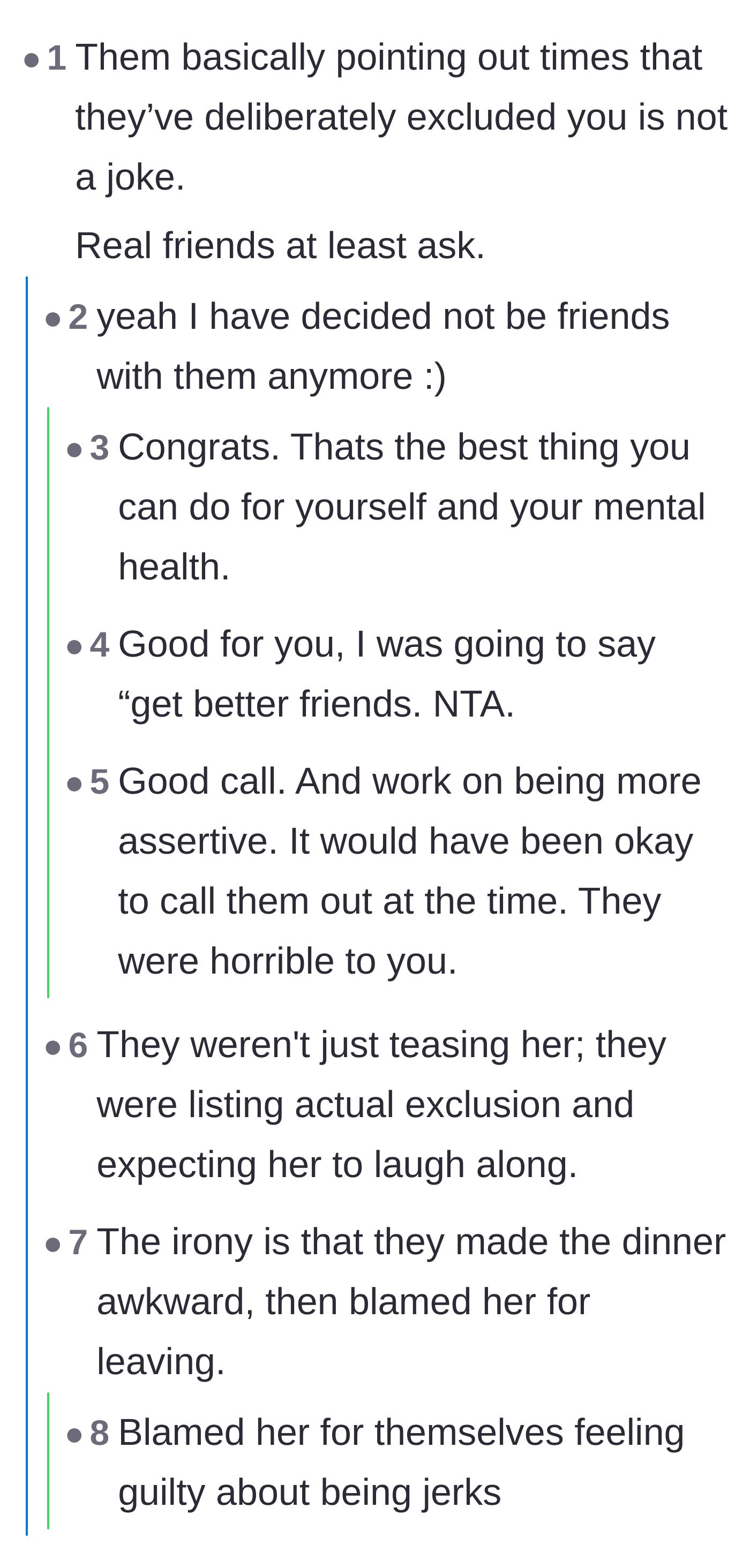 Comment thread 1 - A discussion about how real friends don't deliberately exclude you, praising the author for quietly walking away.