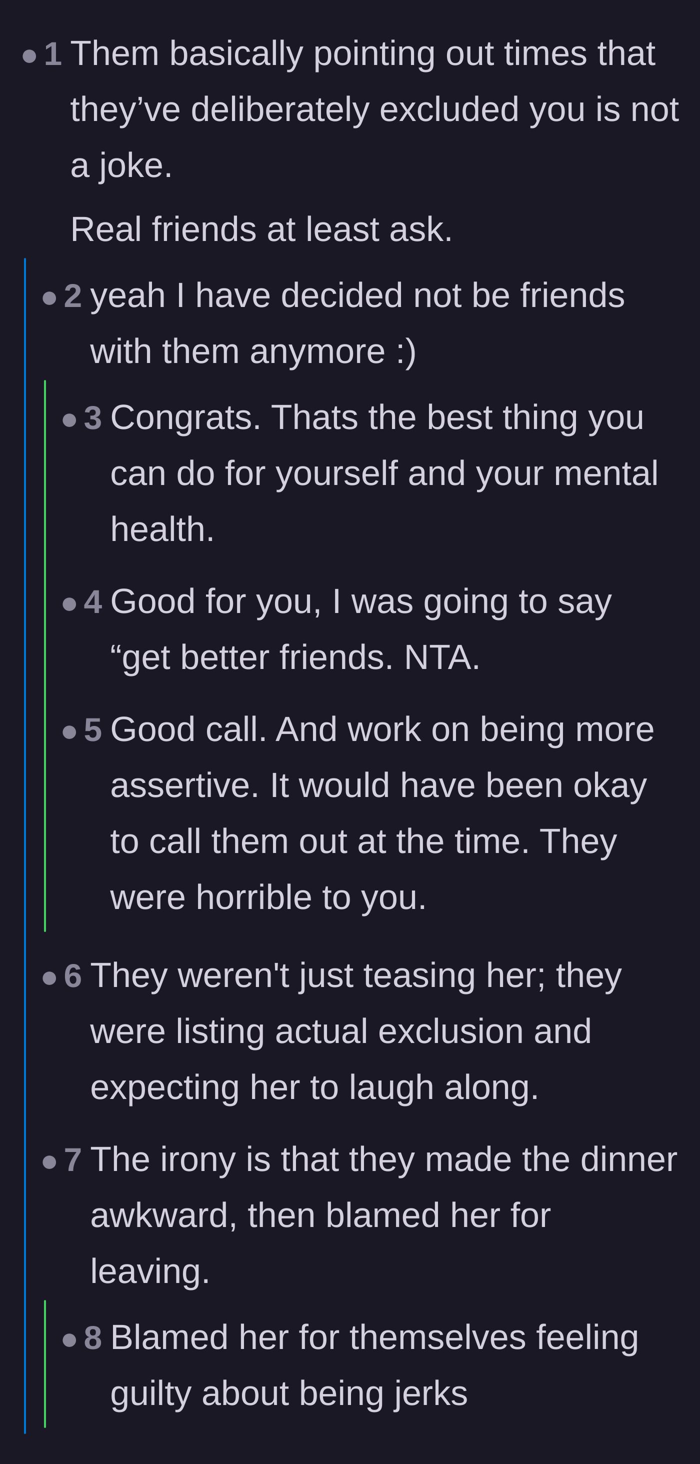 Comment thread 1 - A discussion about how real friends don't deliberately exclude you, praising the author for quietly walking away.
