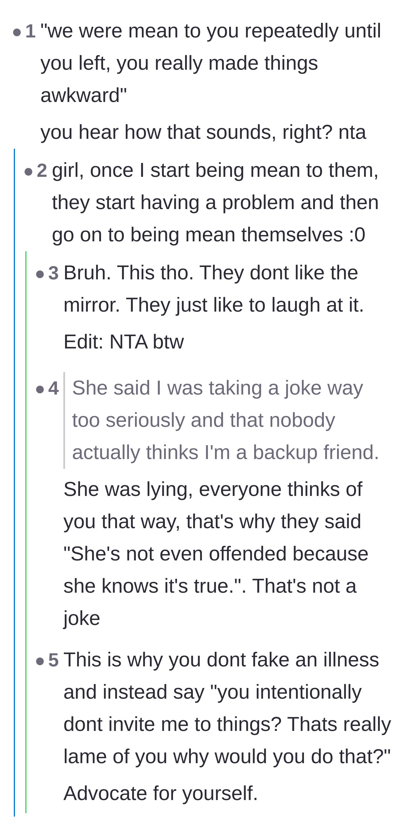 Comment thread 2 - Commenters pointing out the hypocrisy of the friends bullying the author and then blaming her for making the dinner awkward.