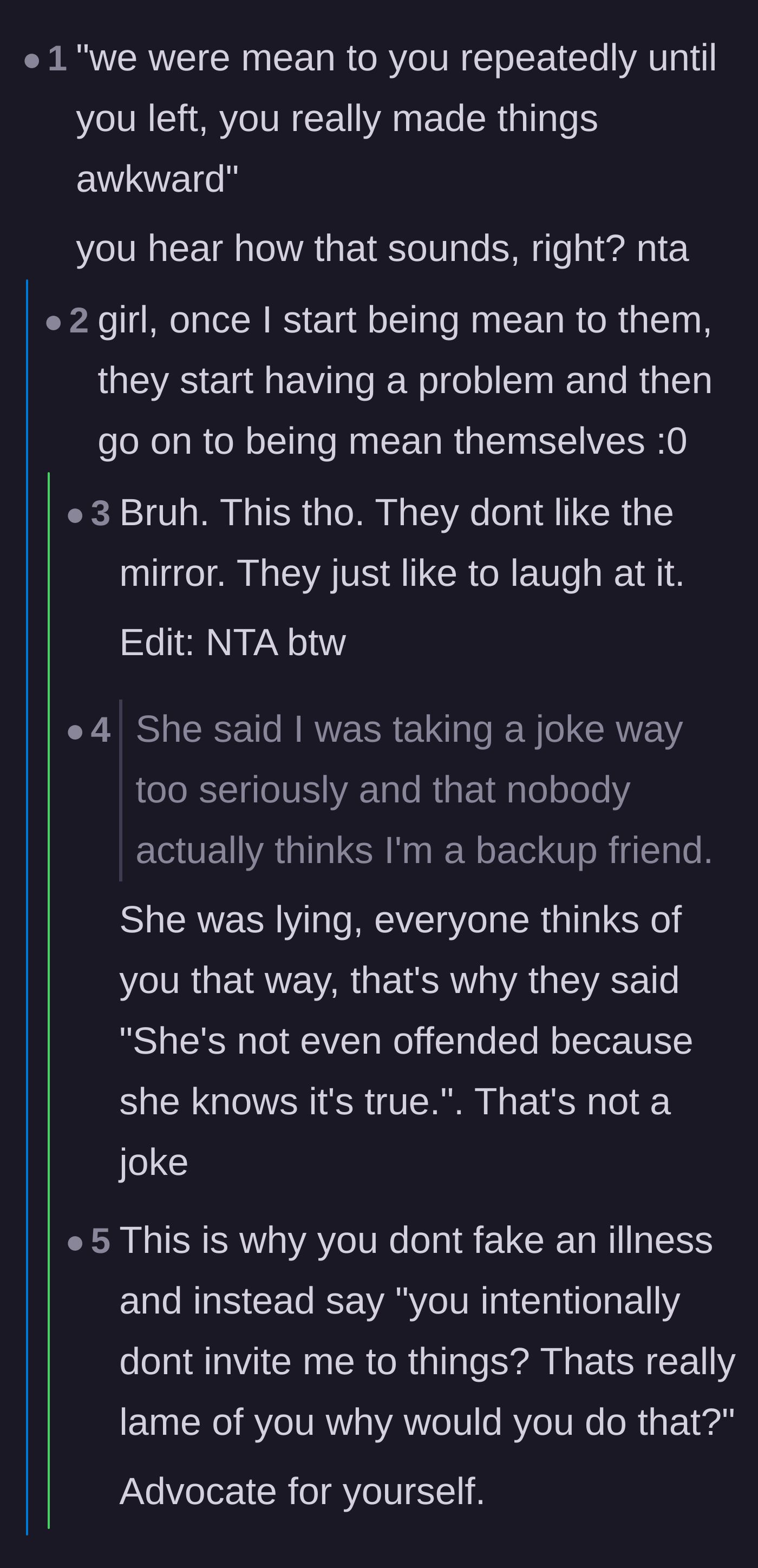 Comment thread 2 - Commenters pointing out the hypocrisy of the friends bullying the author and then blaming her for making the dinner awkward.
