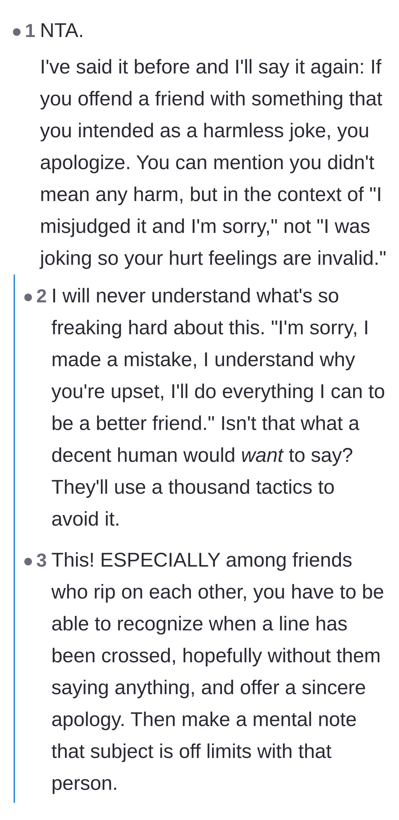 Comment thread 3 - A deep dive into how emotionally mature people apologize when a joke hurts someone, rather than getting defensive.