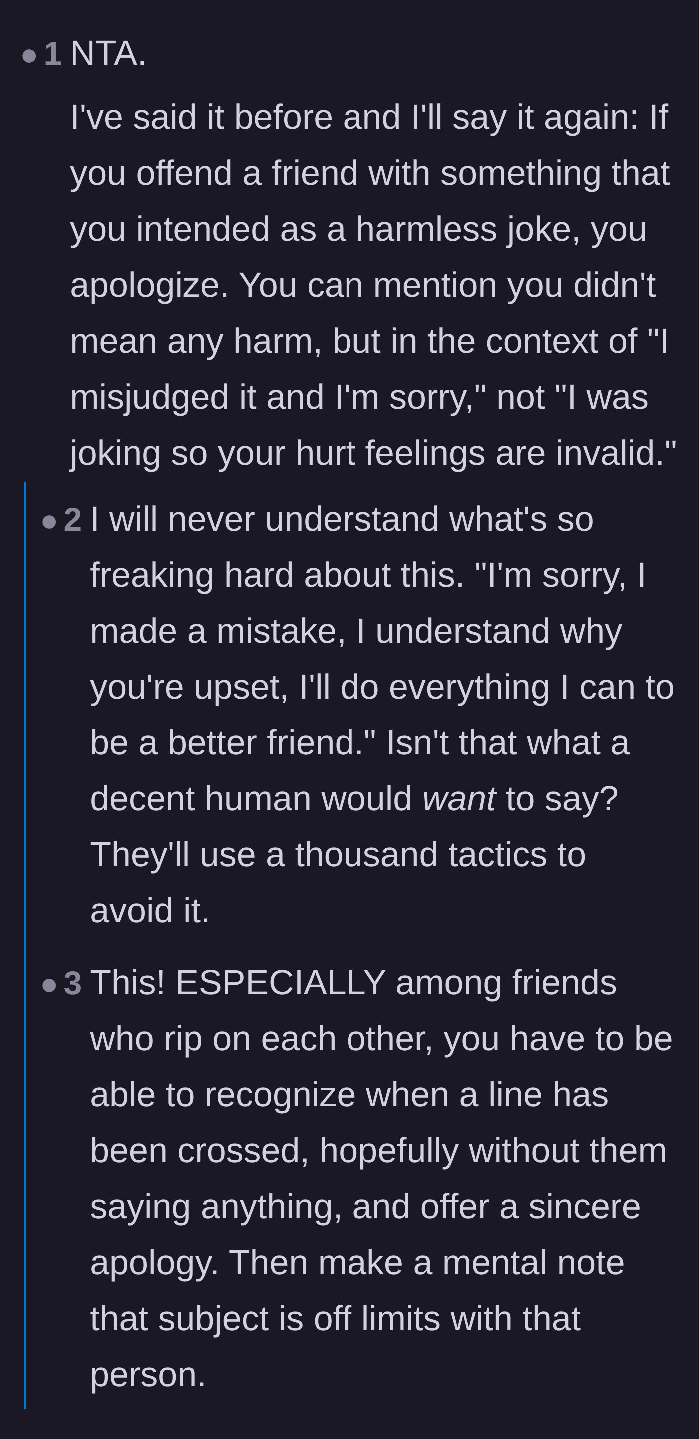 Comment thread 3 - A deep dive into how emotionally mature people apologize when a joke hurts someone, rather than getting defensive.