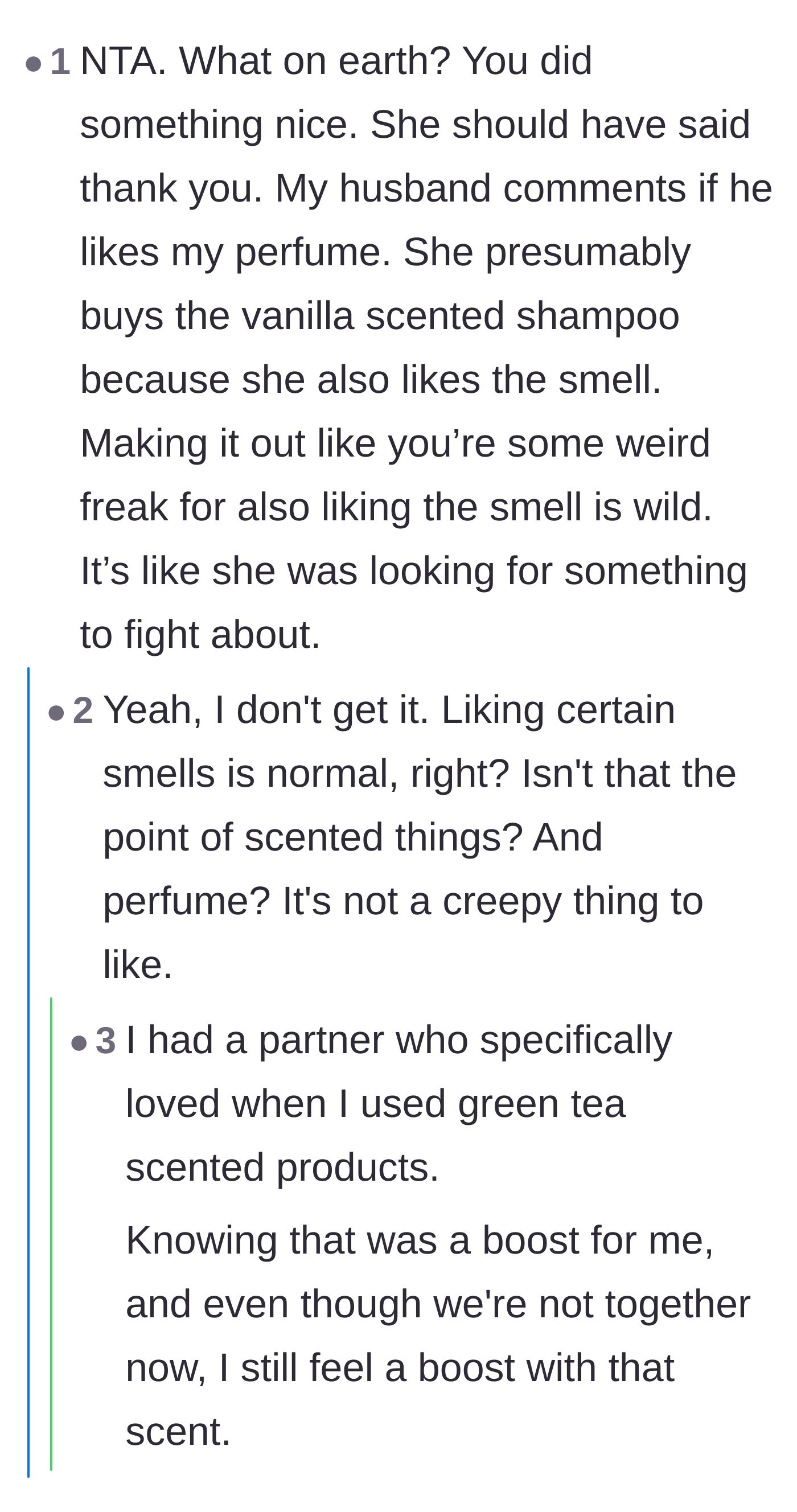 Comment thread 1 - Readers debating the normalcy of liking scents and pointing out that the entire perfume industry exists for this reason.