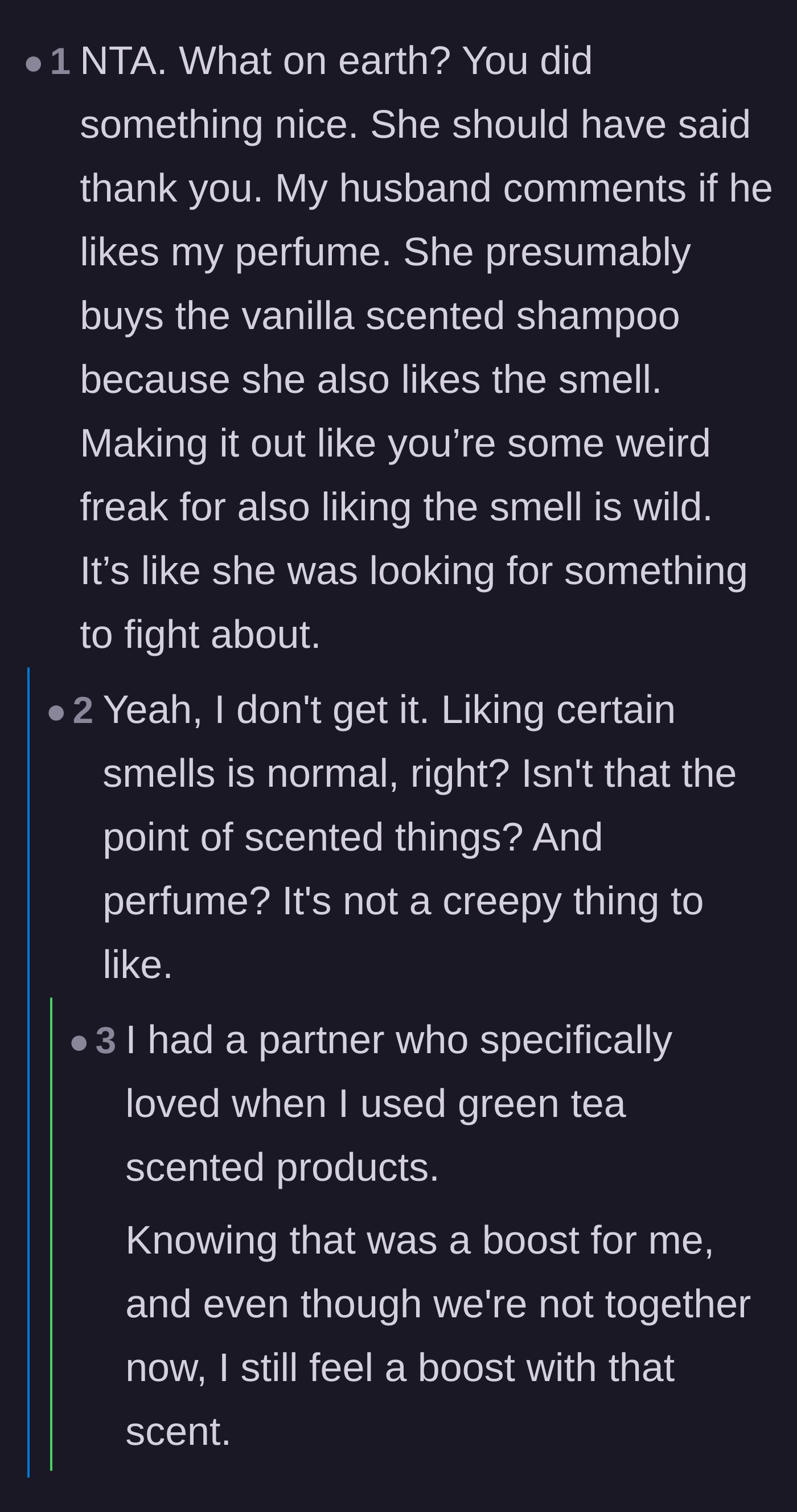 Comment thread 1 - Readers debating the normalcy of liking scents and pointing out that the entire perfume industry exists for this reason.