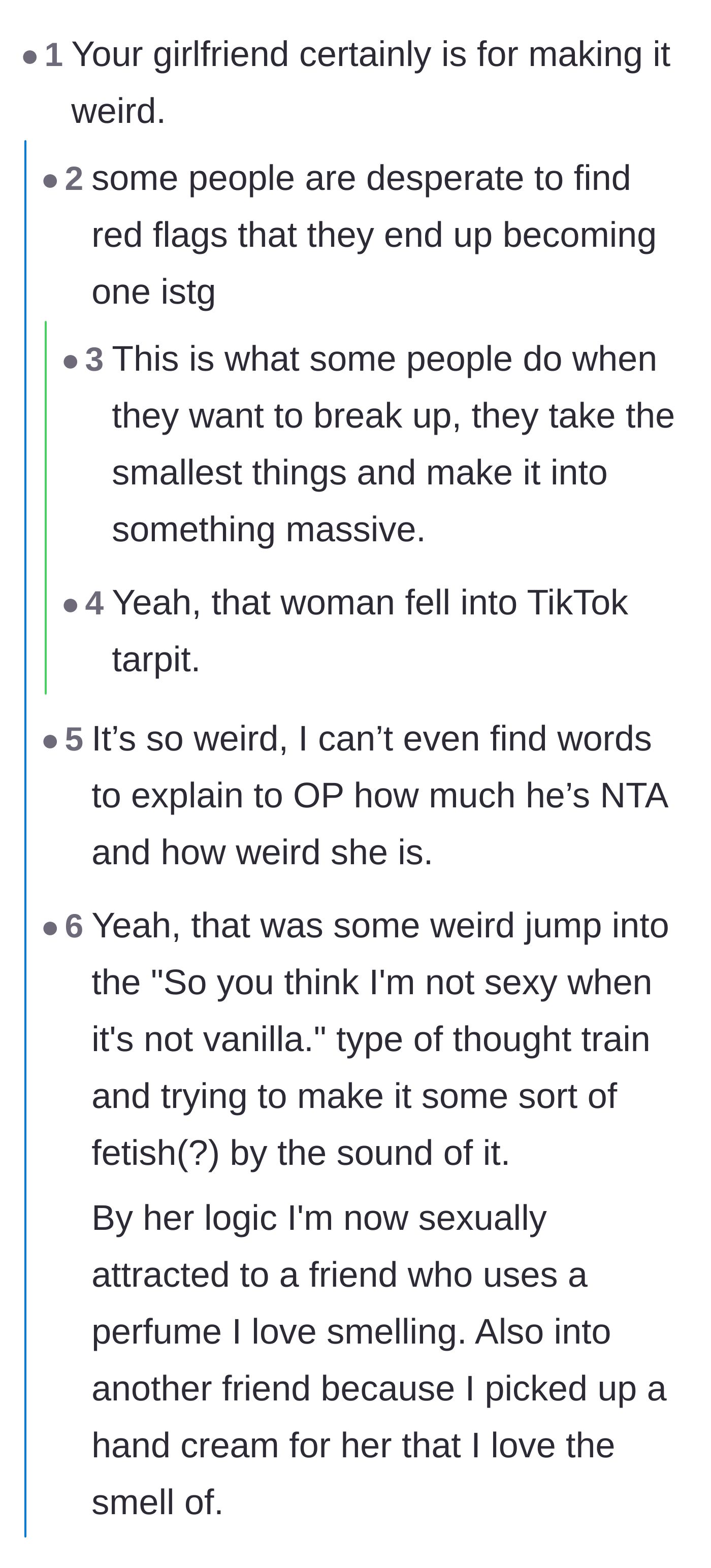 Comment thread 2 - Commenters discussing how the girlfriend might be overly influenced by toxic internet relationship advice and inventing red flags.