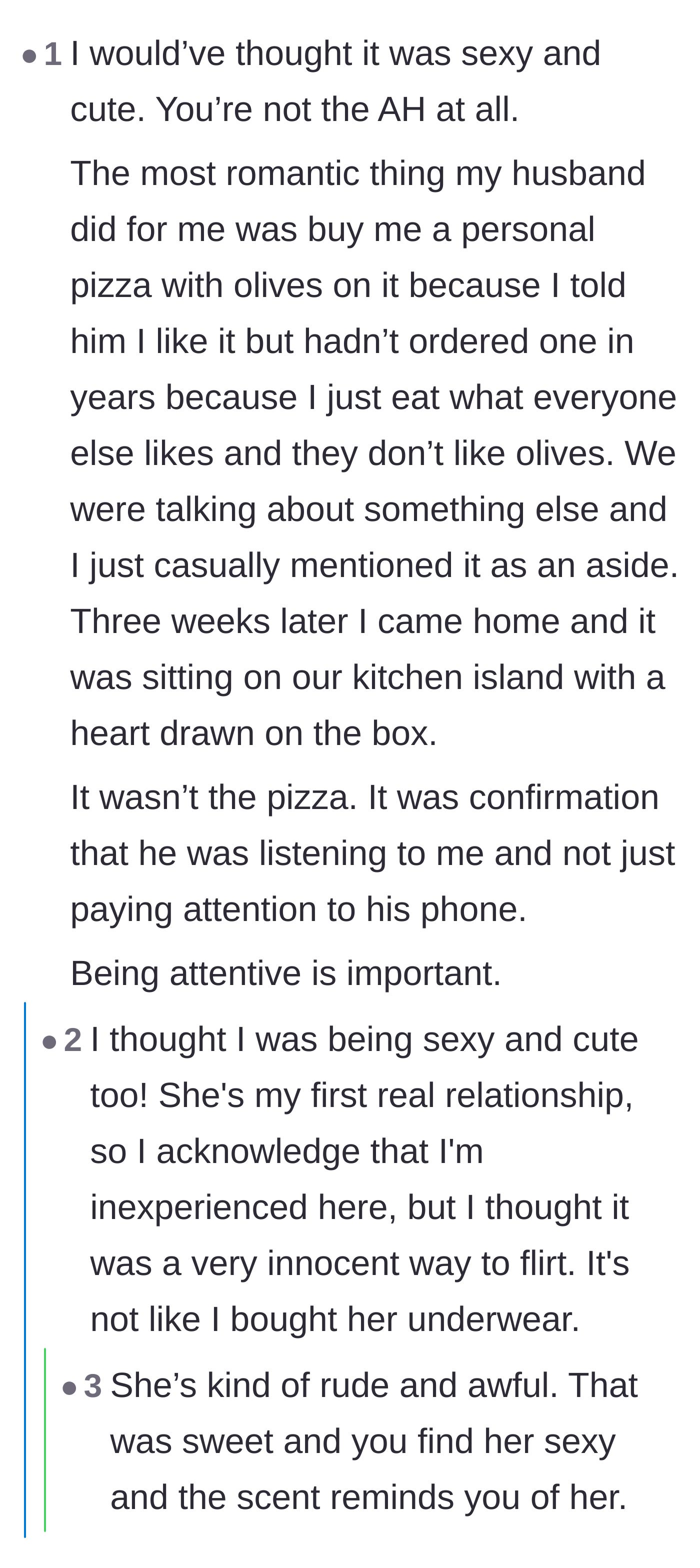Comment thread 4 - A touching anecdote about a husband remembering a passing comment about olive pizza to show he listens.