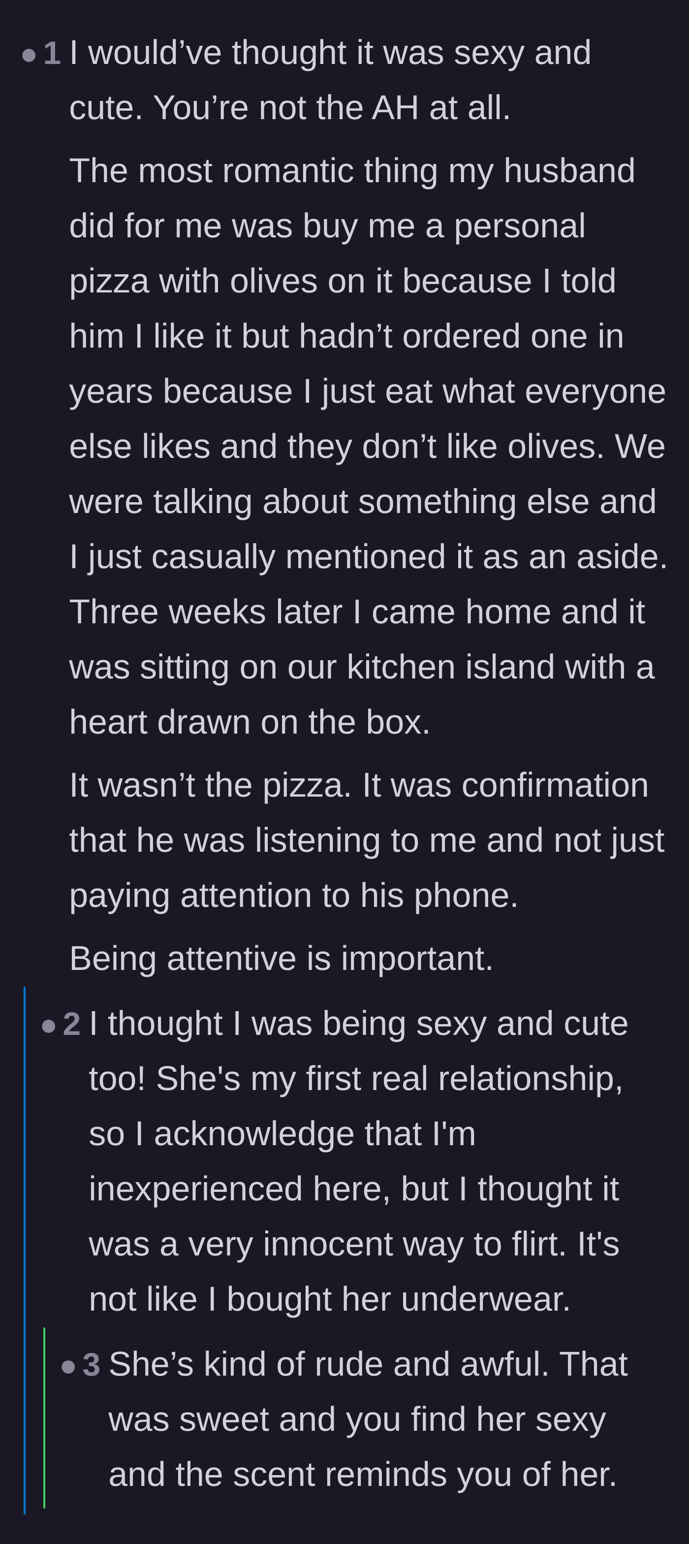 Comment thread 4 - A touching anecdote about a husband remembering a passing comment about olive pizza to show he listens.