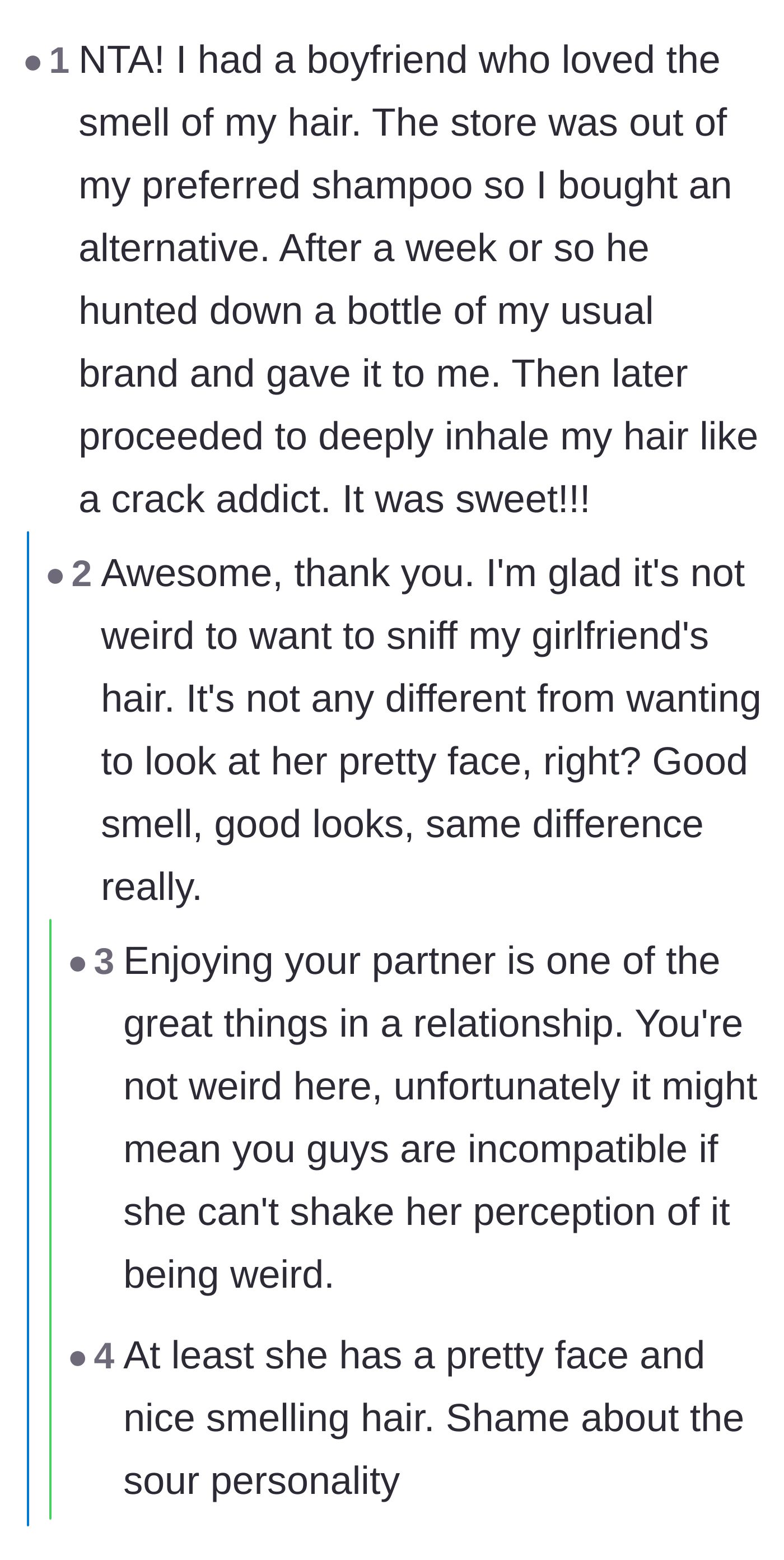 Comment thread 5 - A funny story about an ex-boyfriend hunting down a specific shampoo just to smell his partner's hair.