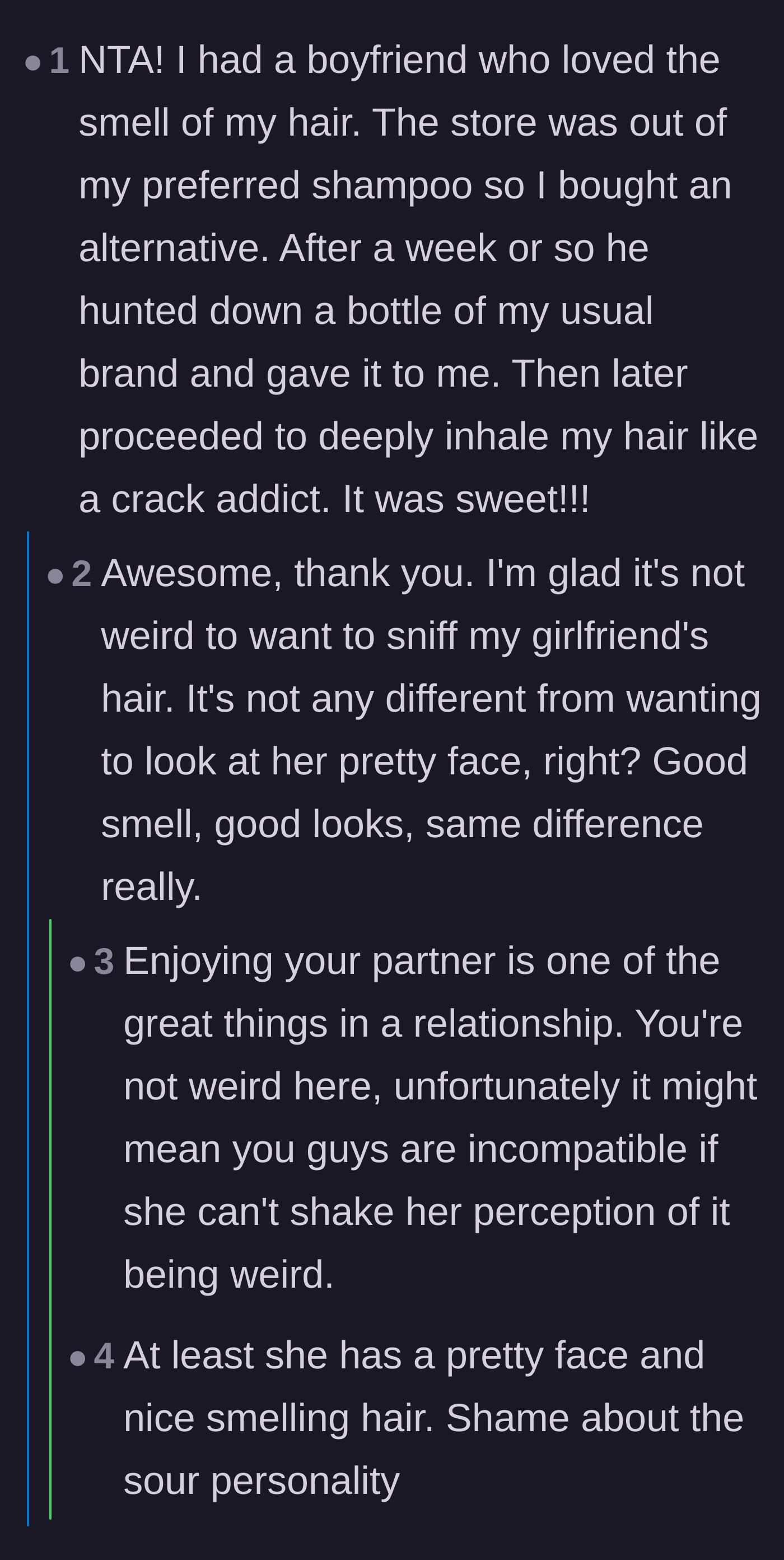 Comment thread 5 - A funny story about an ex-boyfriend hunting down a specific shampoo just to smell his partner's hair.