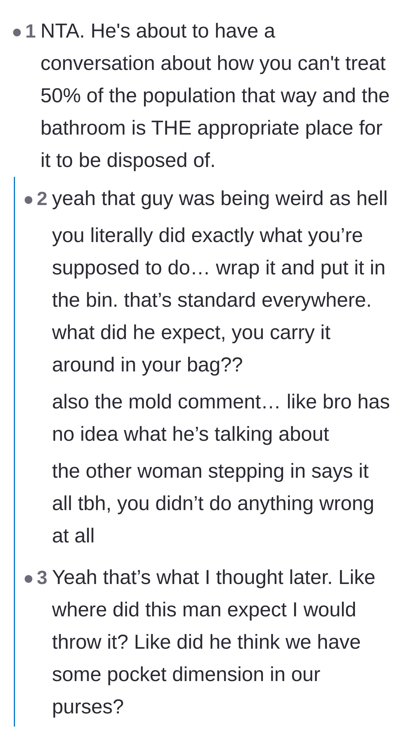 Comment thread 1 - Discussions about standard tampon disposal, featuring custodians and plumbing horror stories.