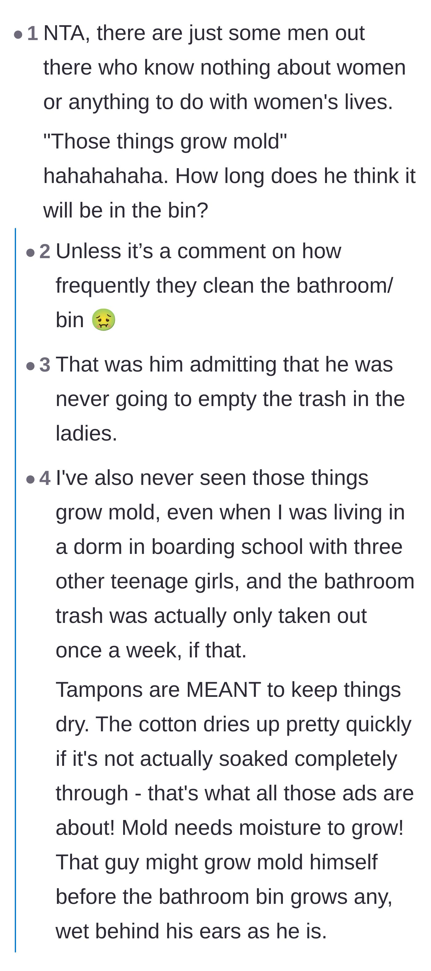 Comment thread 2 - Readers mocking the employee's claim about mold and realizing it implies he never cleans the bathroom.