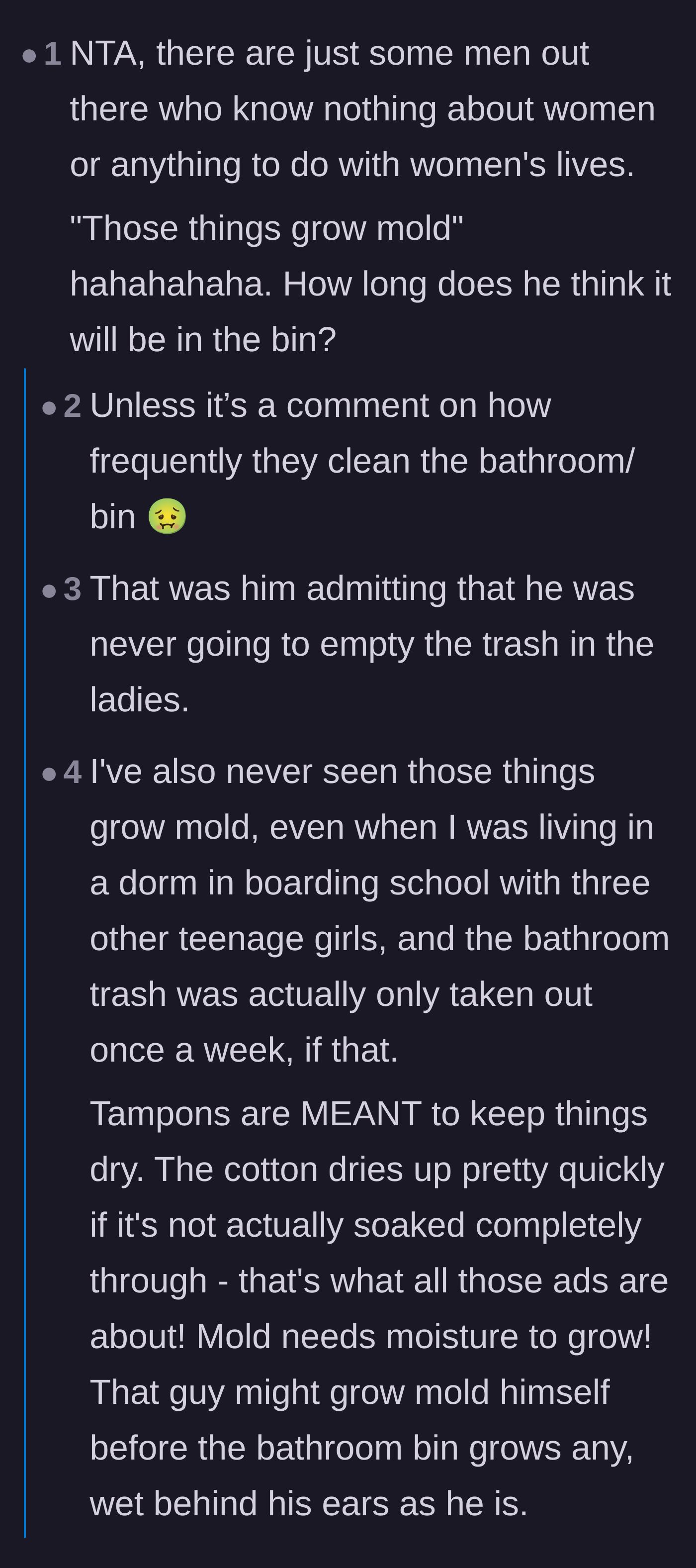 Comment thread 2 - Readers mocking the employee's claim about mold and realizing it implies he never cleans the bathroom.