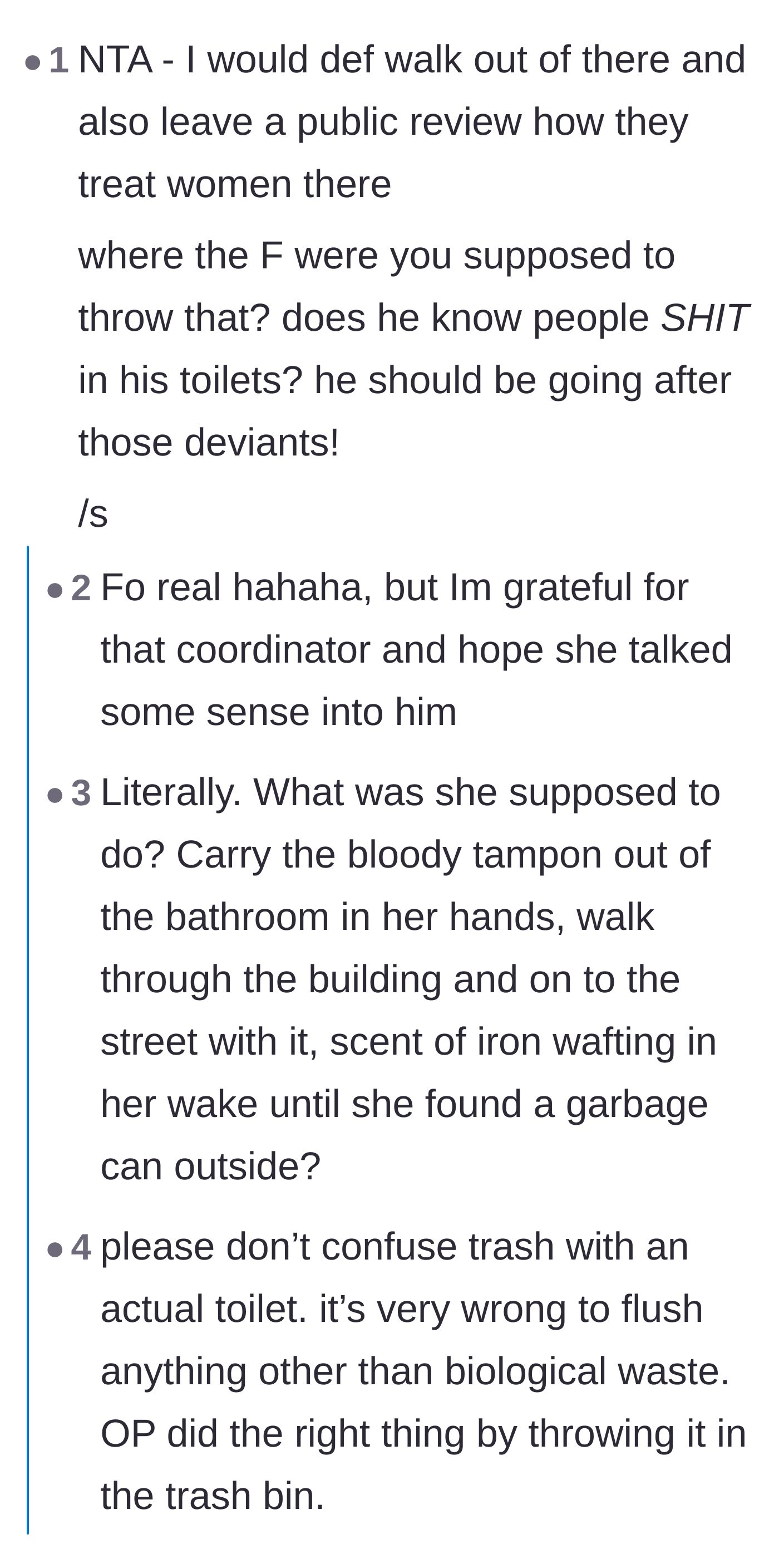 Comment thread 3 - Jokes about the absurdity of carrying trash outside and calling out the hypocrisy of toilet usage.