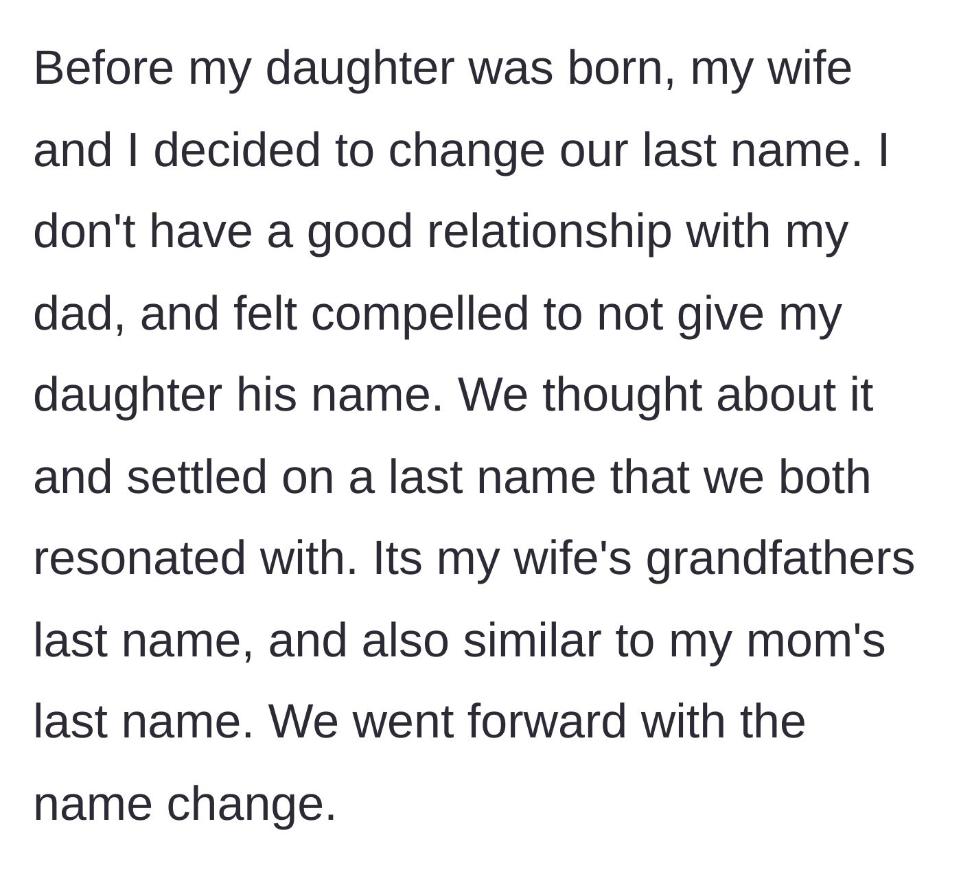Story part 1 - Couple choosing a new family name to avoid a toxic grandfather's legacy
