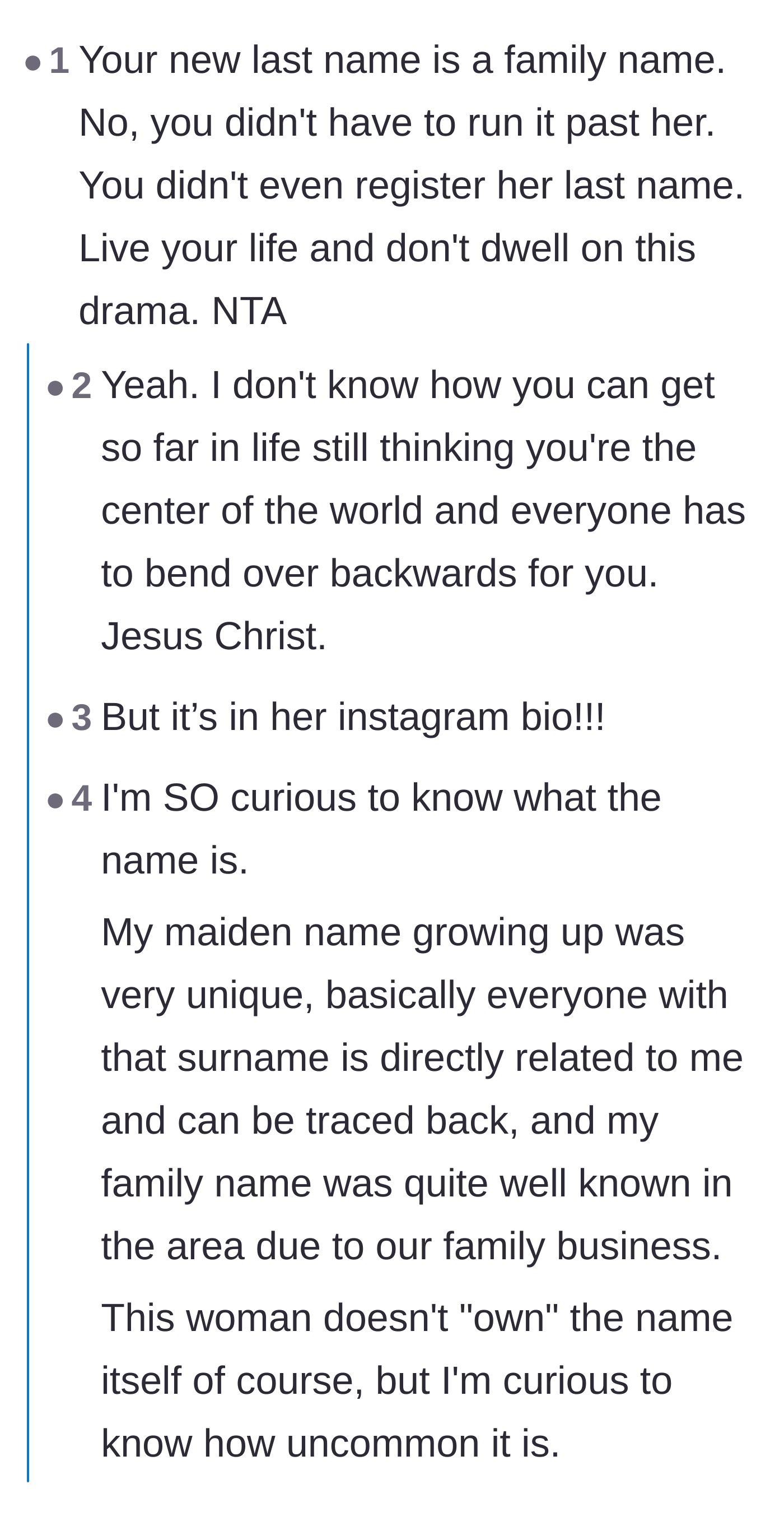 Comment thread 1 - Readers mocking the girlfriend's belief that her Instagram bio makes the name exclusively hers.
