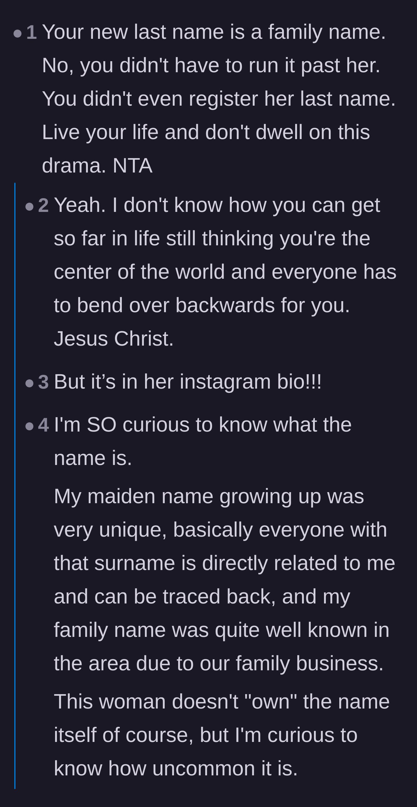 Comment thread 1 - Readers mocking the girlfriend's belief that her Instagram bio makes the name exclusively hers.