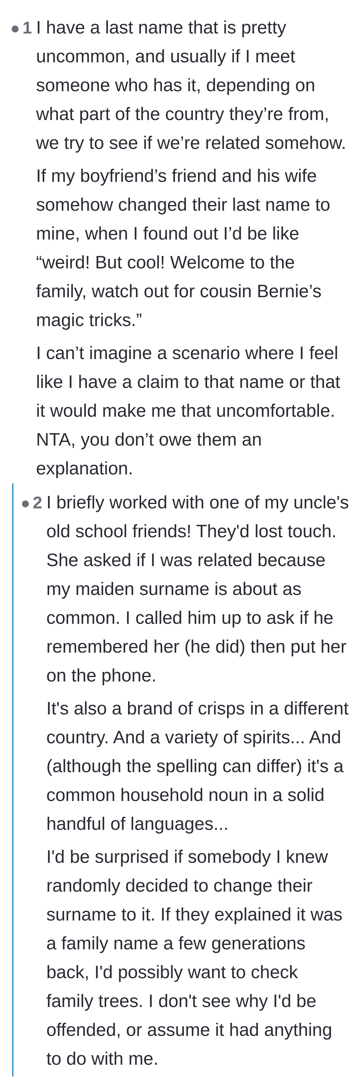 Comment thread 5 - Users with rare last names sharing how a normal person would react to this coincidence.