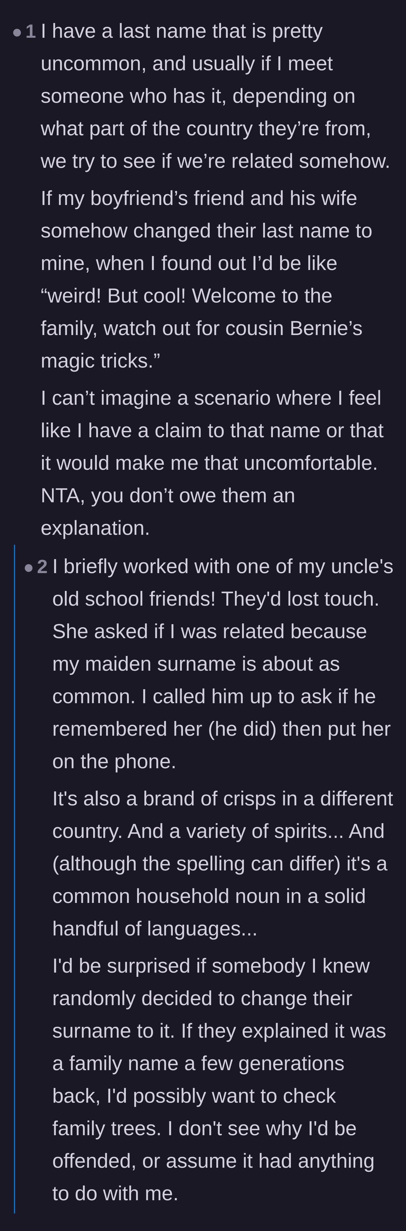 Comment thread 5 - Users with rare last names sharing how a normal person would react to this coincidence.